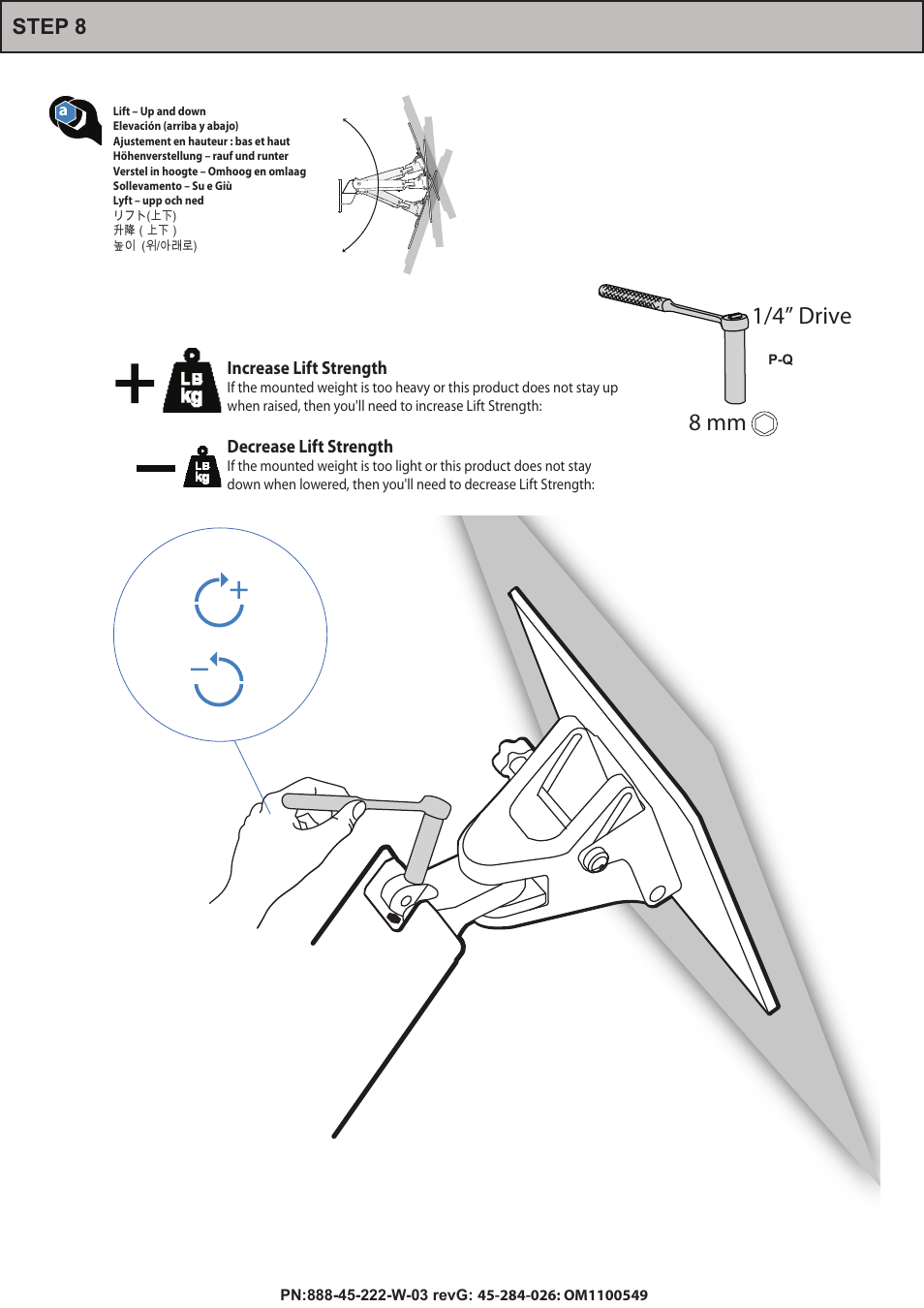 8 mm 1/4” drive, Step 8, Increase lift strength | Decrease lift strength | Omnimount PLAY40 Manual ru User Manual | Page 20 / 25