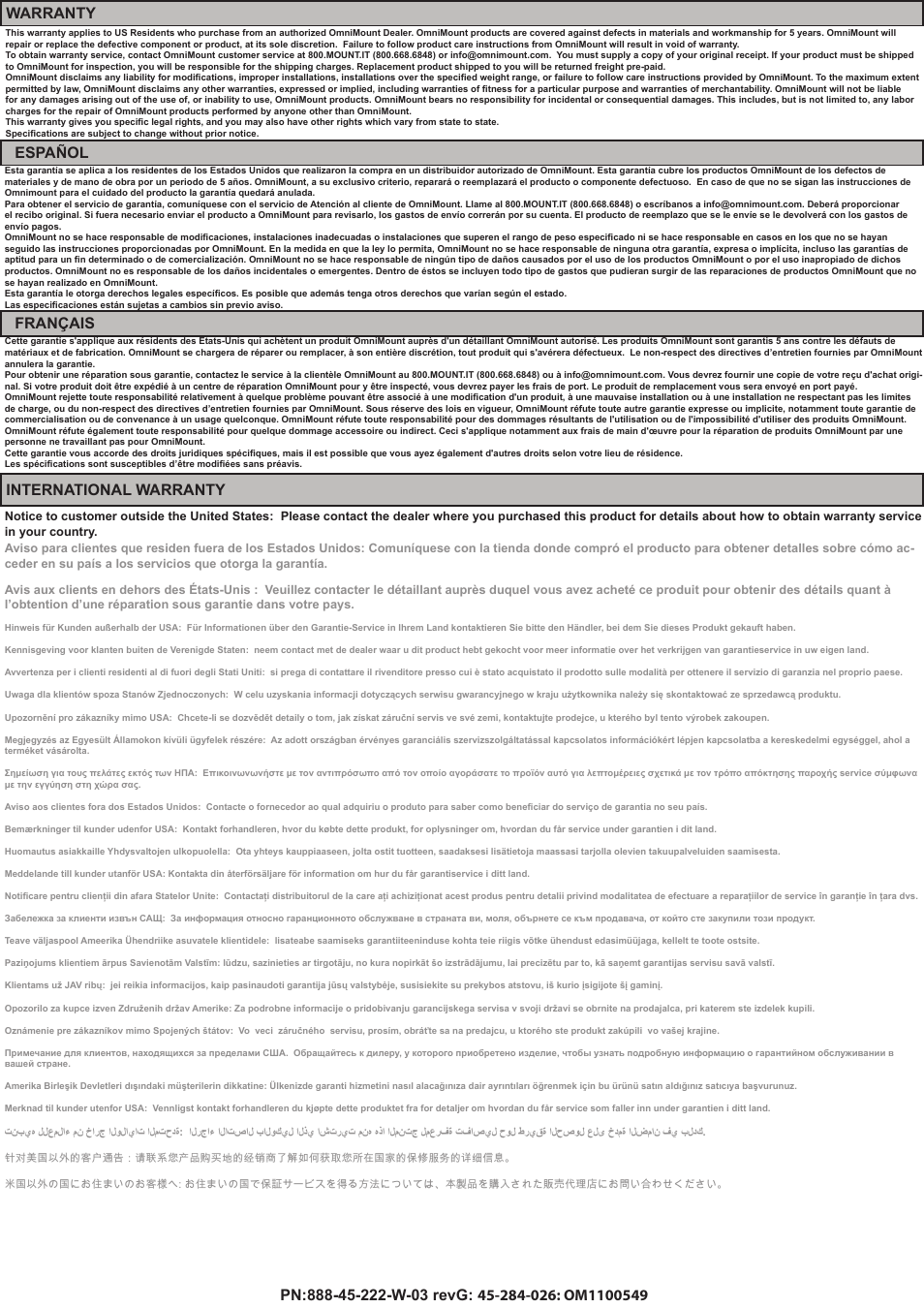 Español français, International warranty | Omnimount PLAY40 Manual ru User Manual | Page 24 / 25