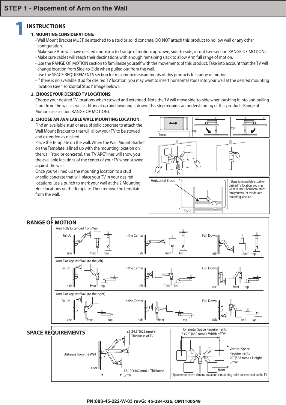 Step 1 - placement of arm on the wall, Instructions range of motion space requirements | Omnimount PLAY40 Manual ru User Manual | Page 9 / 25