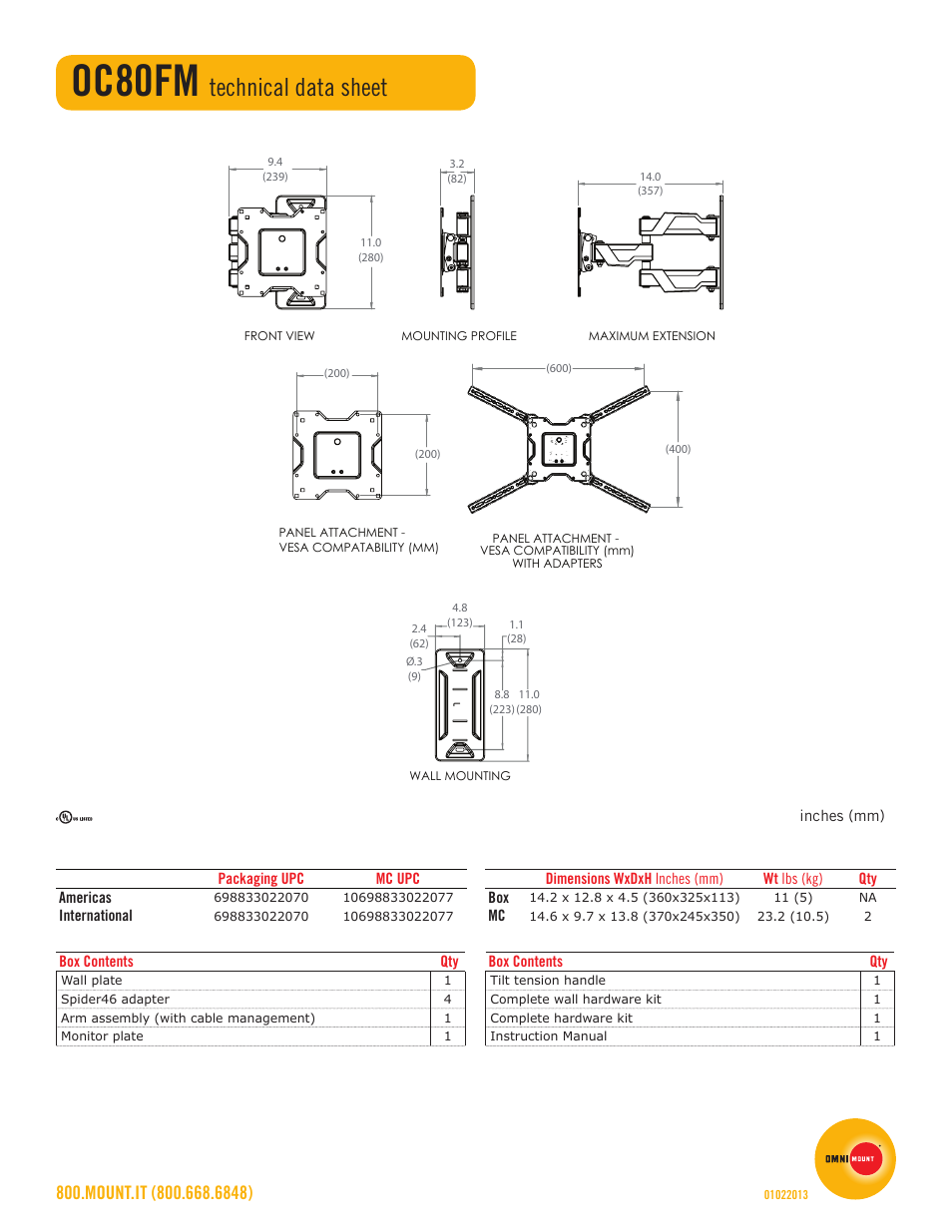Oc80fm, Technical data sheet | Omnimount OC80FM Sales Sheet User Manual | Page 2 / 2