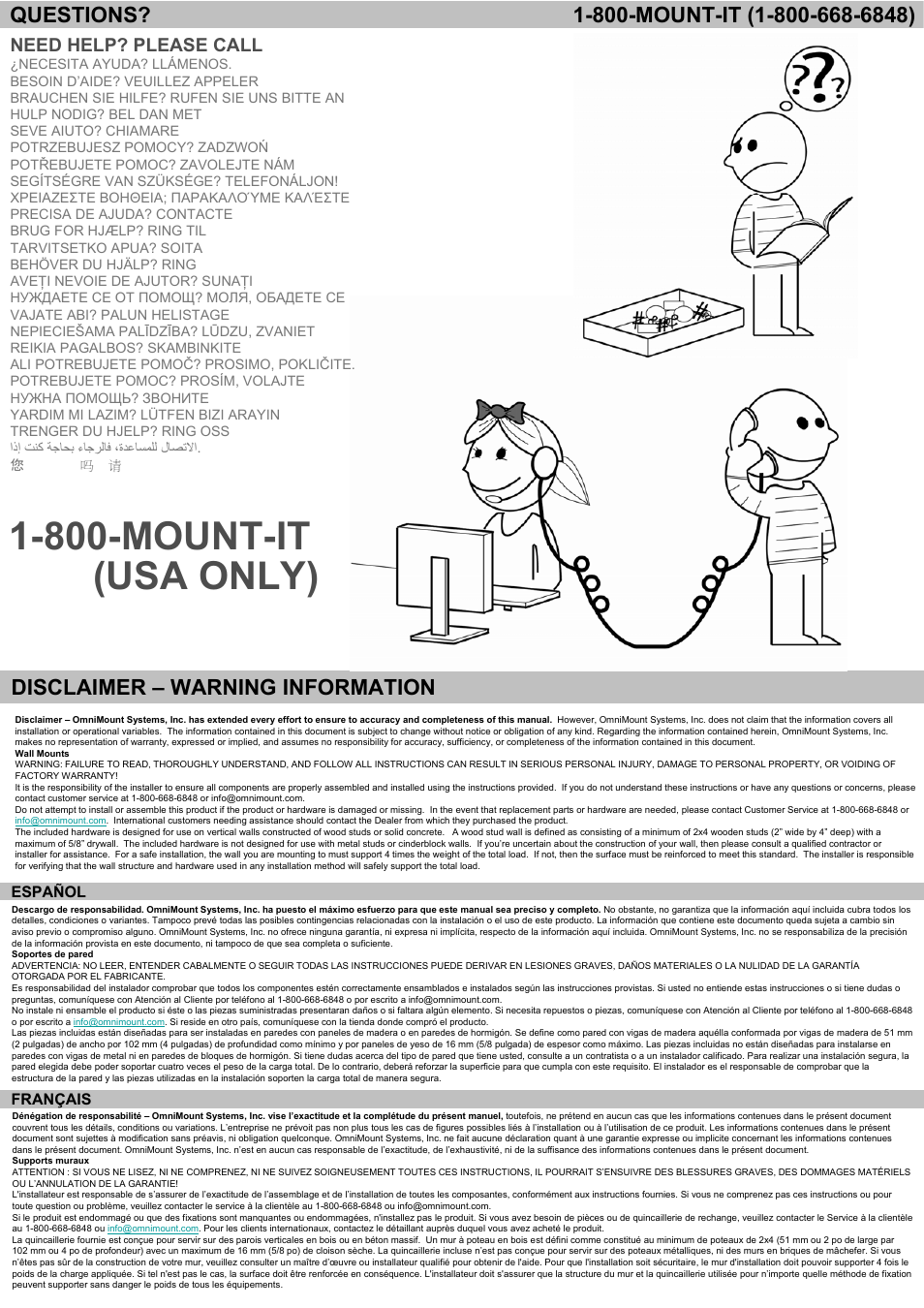 800-mount-it (usa only), Disclaimer – warning information, Need help? please call | Omnimount NC80C Manual ru User Manual | Page 2 / 28