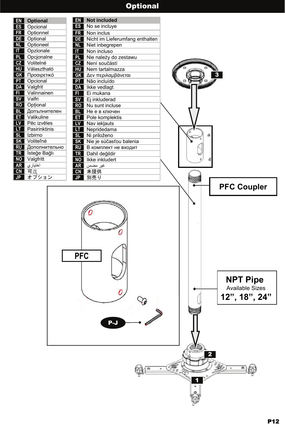 Pfc npt pipe, Pfc coupler, Optional | Omnimount WM3-PJT Manual ru User Manual | Page 12 / 28