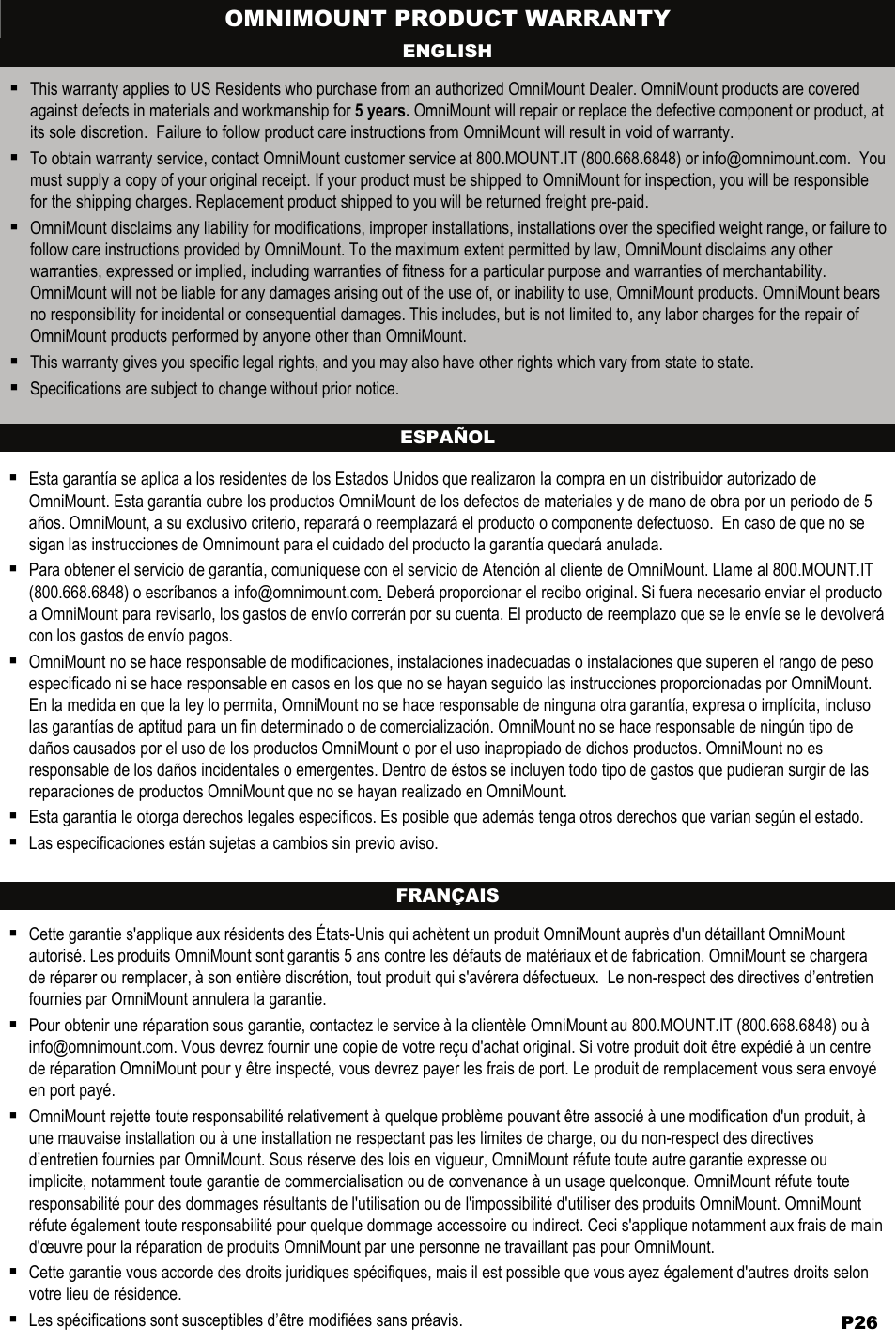 Omnimount product warranty | Omnimount WM3-PJT Manual ru User Manual | Page 26 / 28