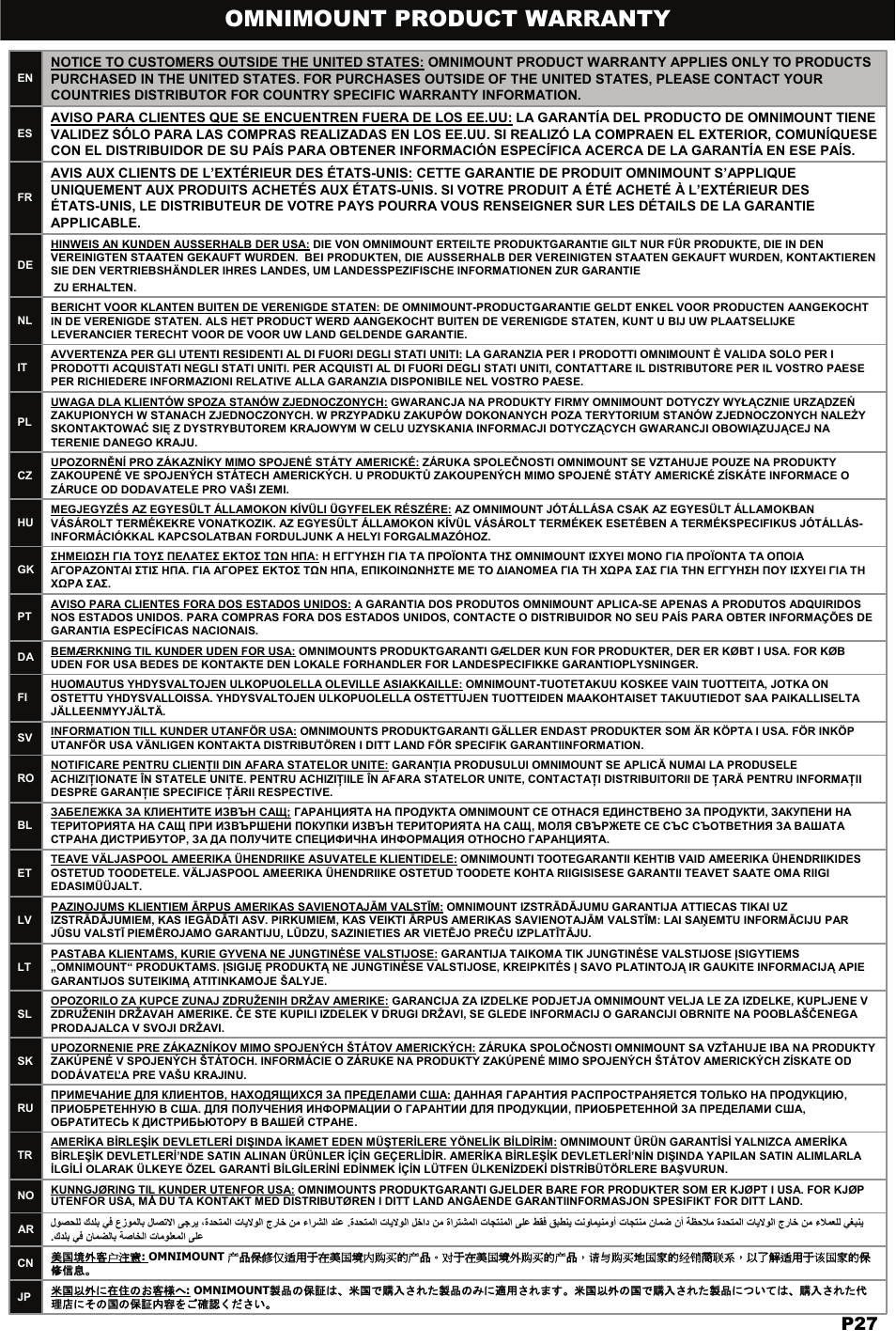 Omnimount product warranty | Omnimount WM3-PJT Manual ru User Manual | Page 27 / 28