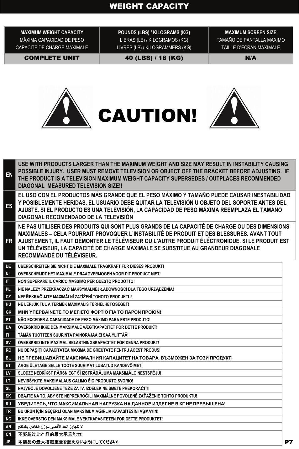 Caution, Weight capacity | Omnimount WM3-PJT Manual ru User Manual | Page 7 / 28