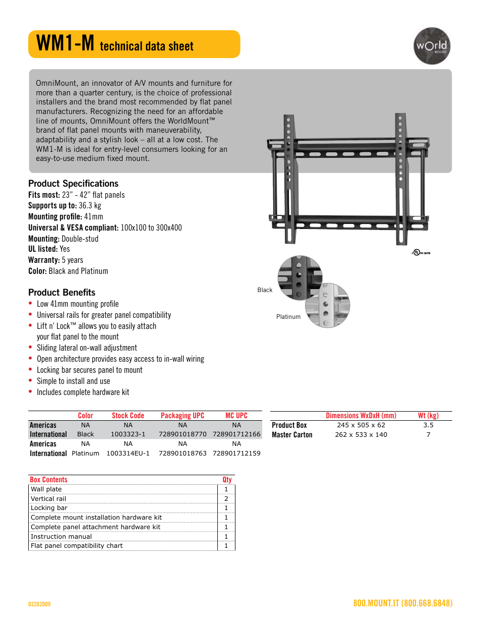 Wm1-m_technical_data_sheet.pdf, Wm1-m, Technical data sheet | Omnimount WM1-M Sales Sheet User Manual | Page 2 / 3