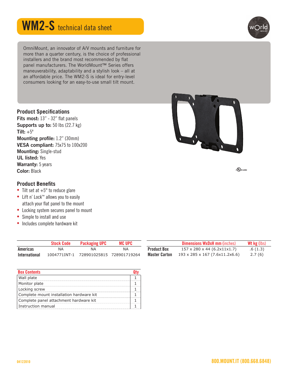 Wm2-s_technical_data_sheet, Wm2-s, Technical data sheet | Omnimount WM2-S Sales Sheet User Manual | Page 2 / 3