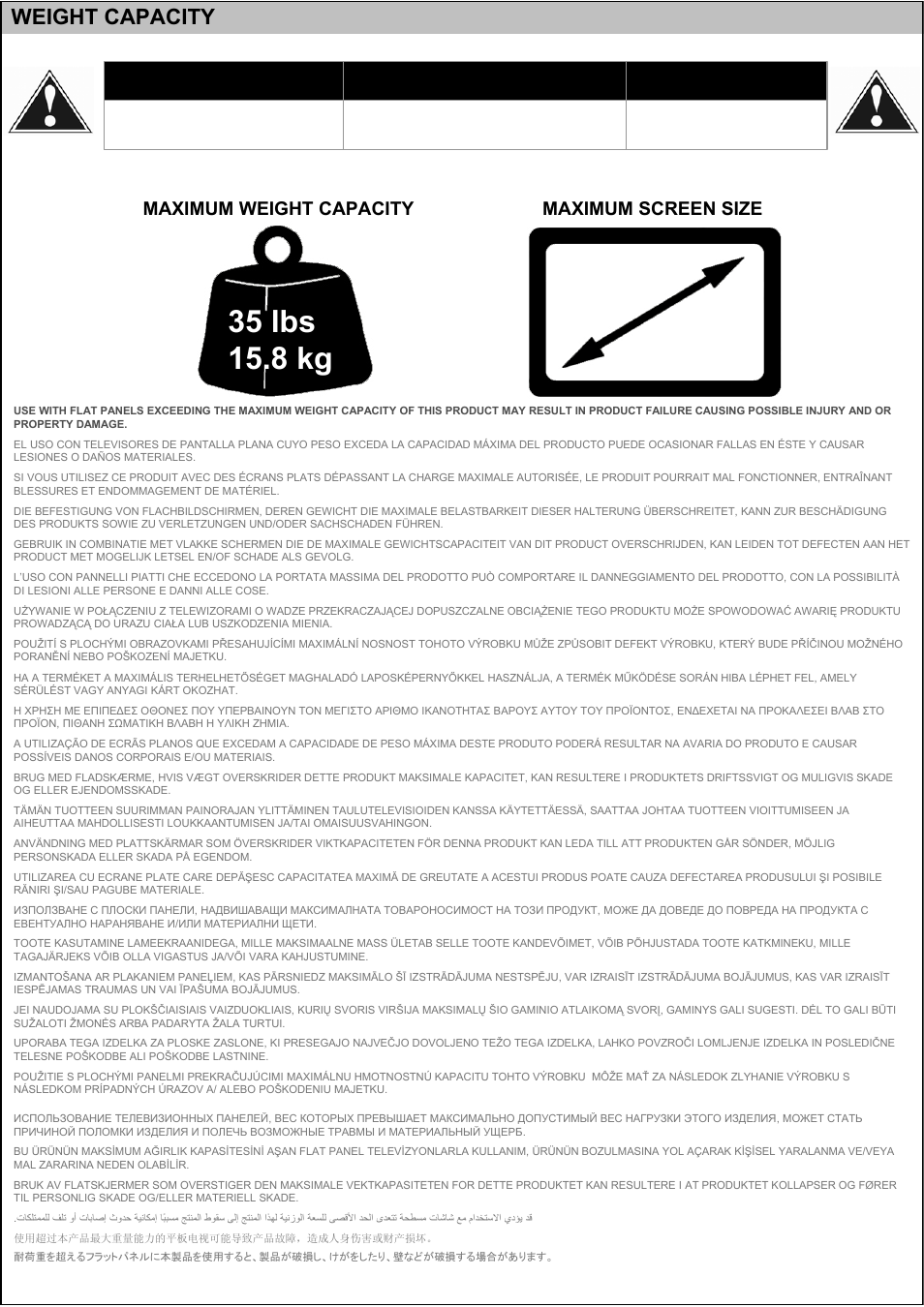 Caution, 32 in, Complete unit | Weight capacity, Maximum screen size, Pounds (lbs) / kilograms (kg), Maximum weight capacity | Omnimount VB35C Manual ru User Manual | Page 7 / 20