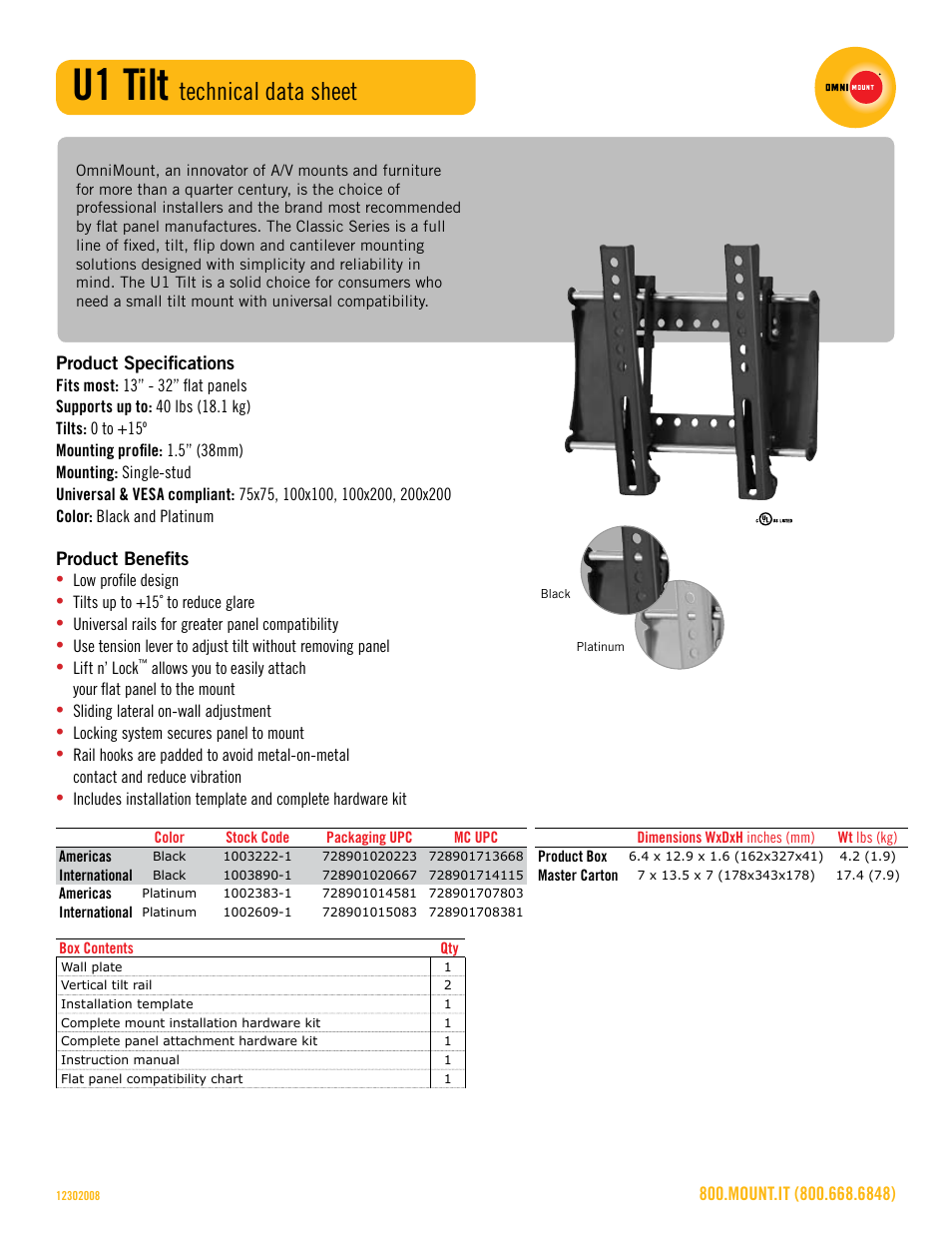 U1_tilt_technical_data_sheet.pdf, U1 tilt, Technical data sheet | Omnimount U1-Tilt Sales Sheet User Manual | Page 2 / 3