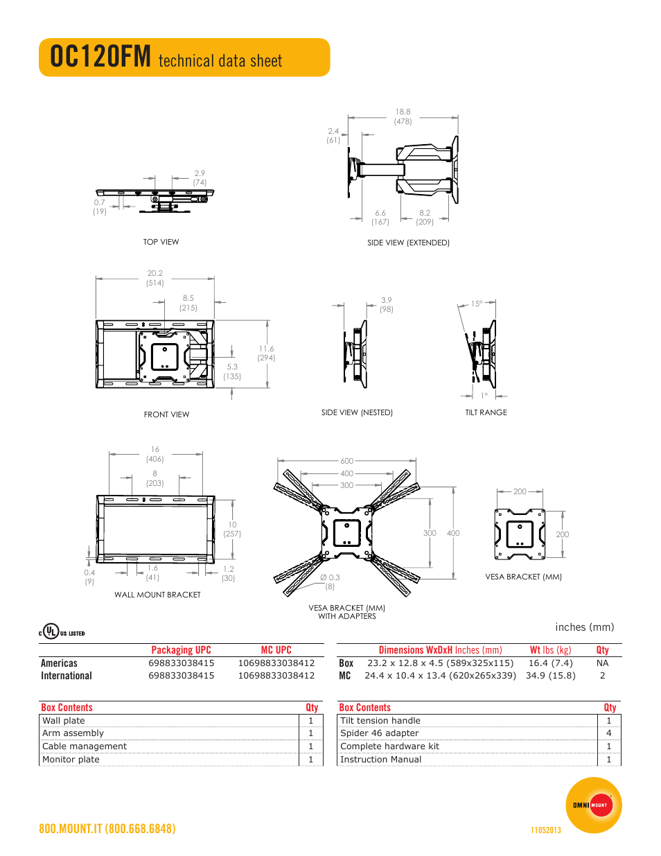 Oc120fm, Technical data sheet | Omnimount OC120FM Sales Sheet User Manual | Page 2 / 2