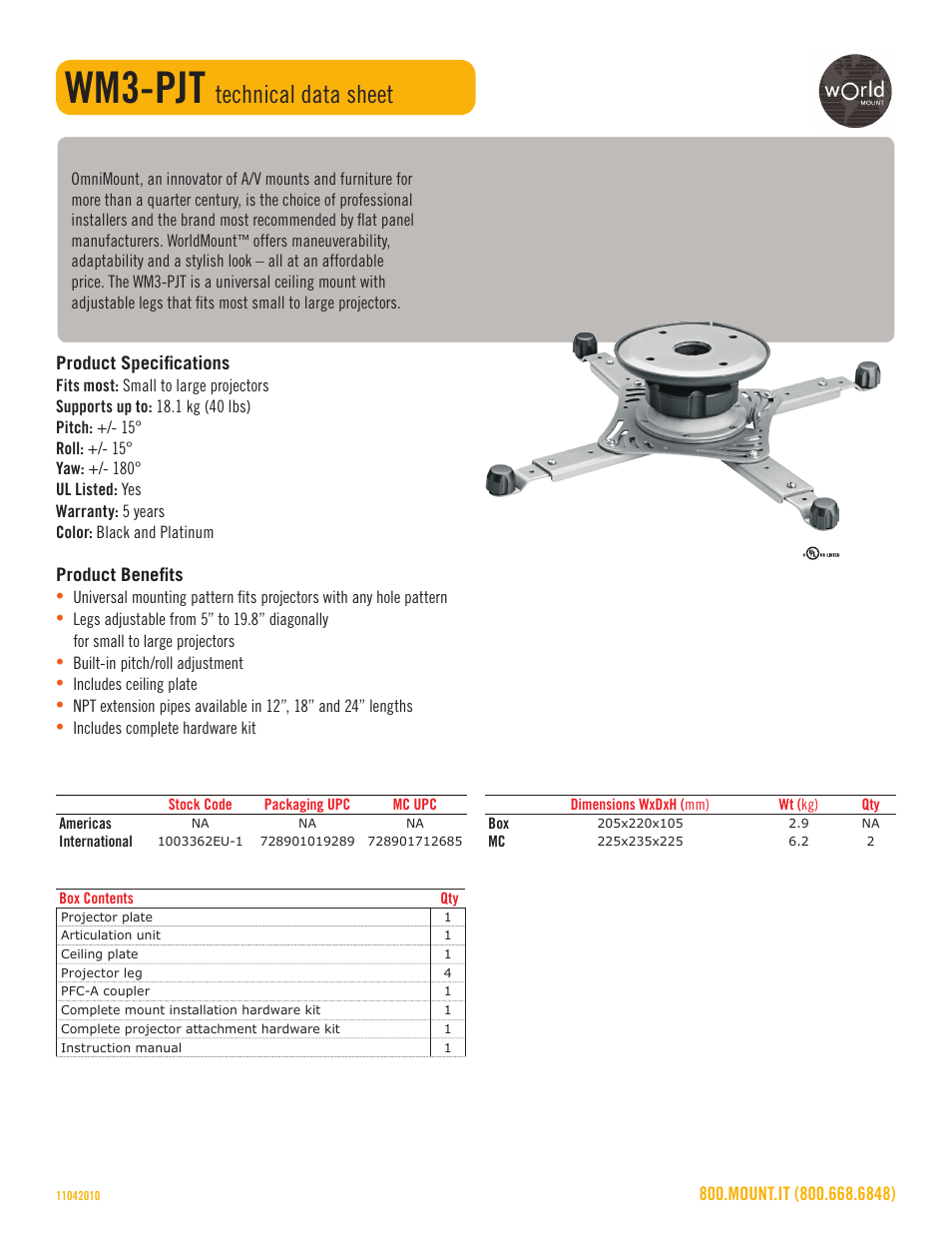 Wm3-pjt, Technical data sheet | Omnimount WM3-PJT Sales Sheet User Manual | Page 2 / 3