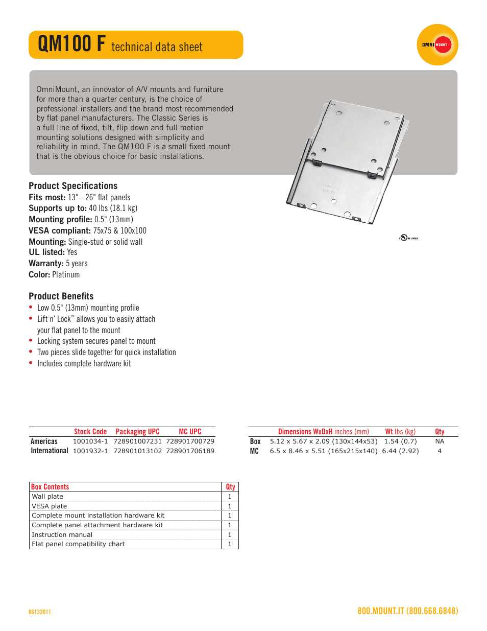 Qm100 f, Technical data sheet | Omnimount QM100F Sales Sheet User Manual | Page 2 / 3