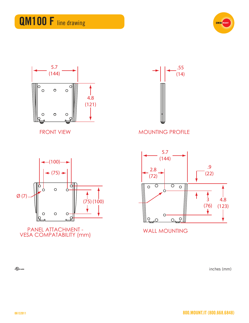 Qm100 f, Line drawing | Omnimount QM100F Sales Sheet User Manual | Page 3 / 3