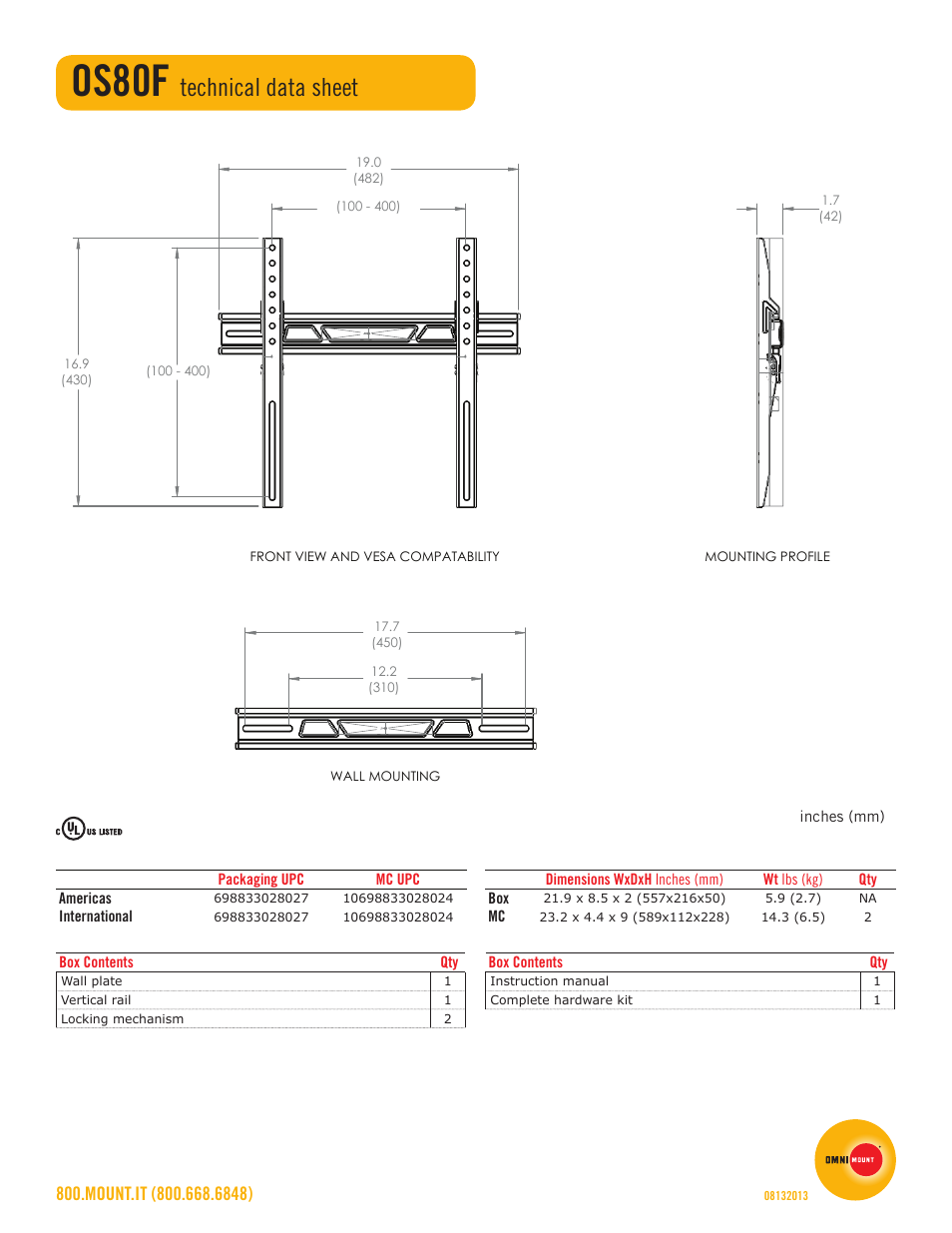 Os80f, Technical data sheet | Omnimount OS80F Sales Sheet User Manual | Page 2 / 2