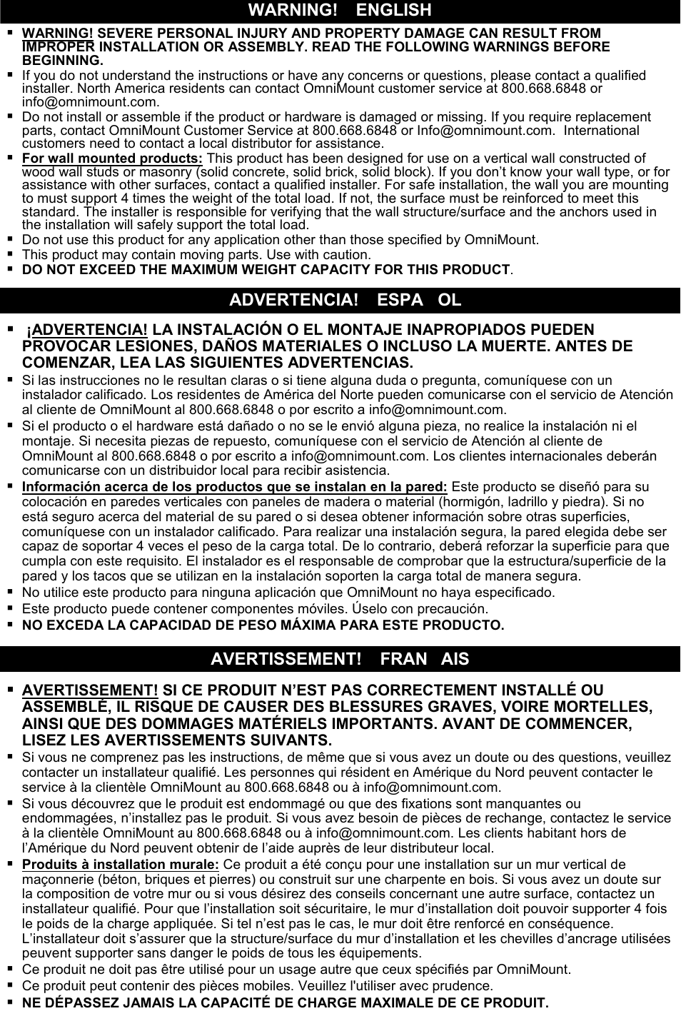 Warning! – english | Omnimount CMKMINI Manual ru User Manual | Page 2 / 24