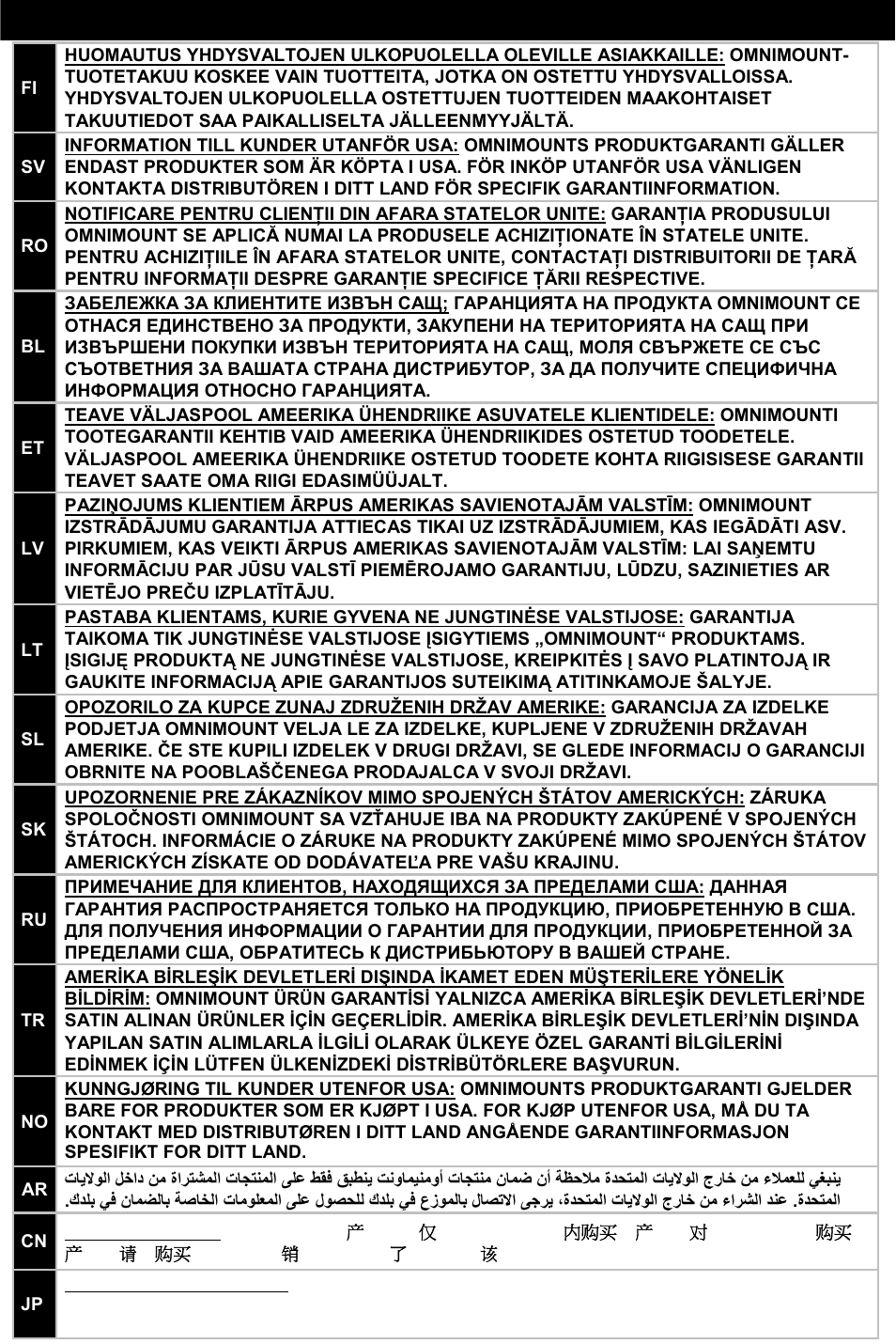Omnimount product warranty | Omnimount CMKMINI Manual ru User Manual | Page 23 / 24