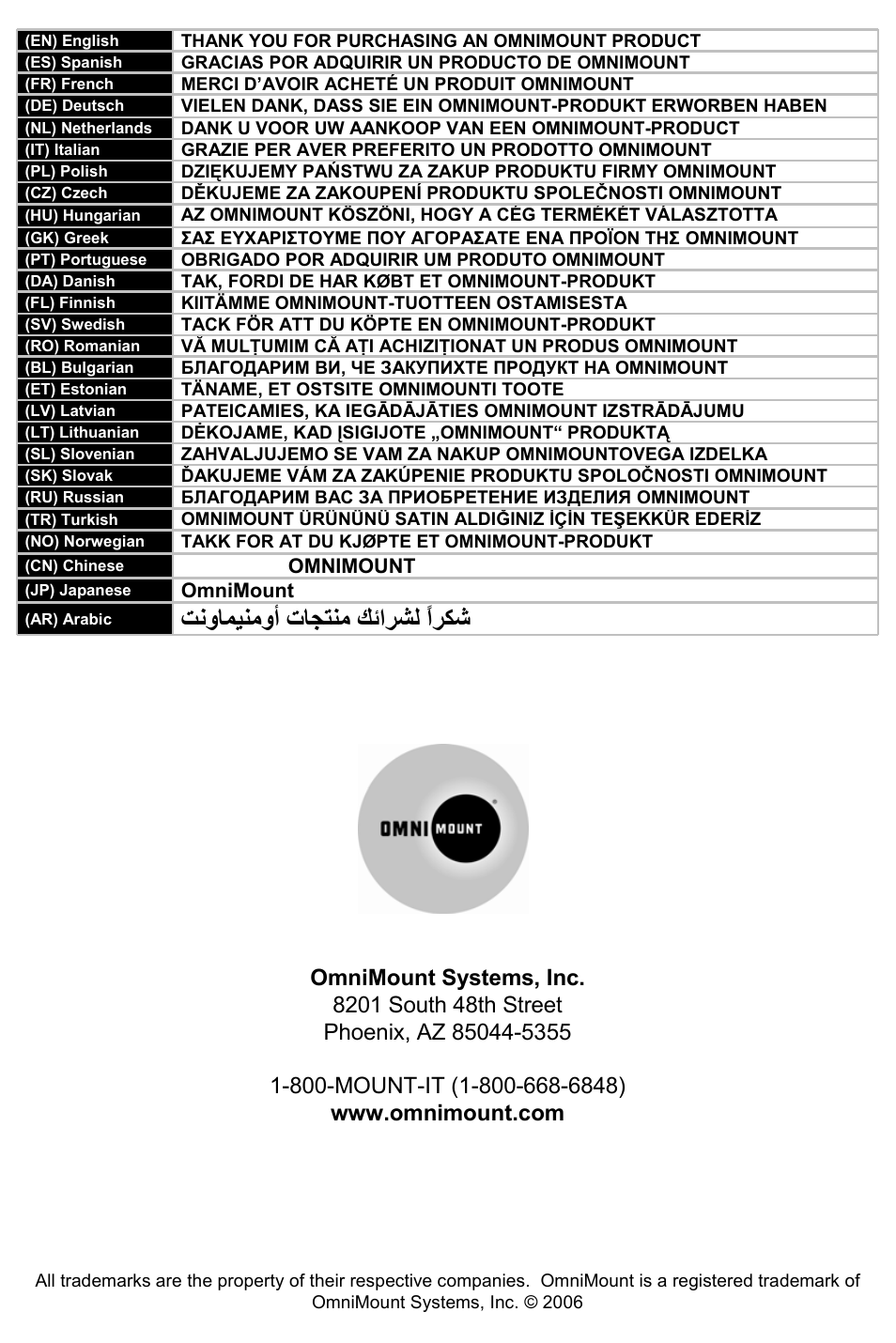 ﺖﻧوﺎﻤﻴﻨﻣوأ تﺎﺠﺘﻨﻣ ﻚﺋاﺮﺸﻟ ًاﺮﻜﺷ | Omnimount CMKMINI Manual ru User Manual | Page 24 / 24