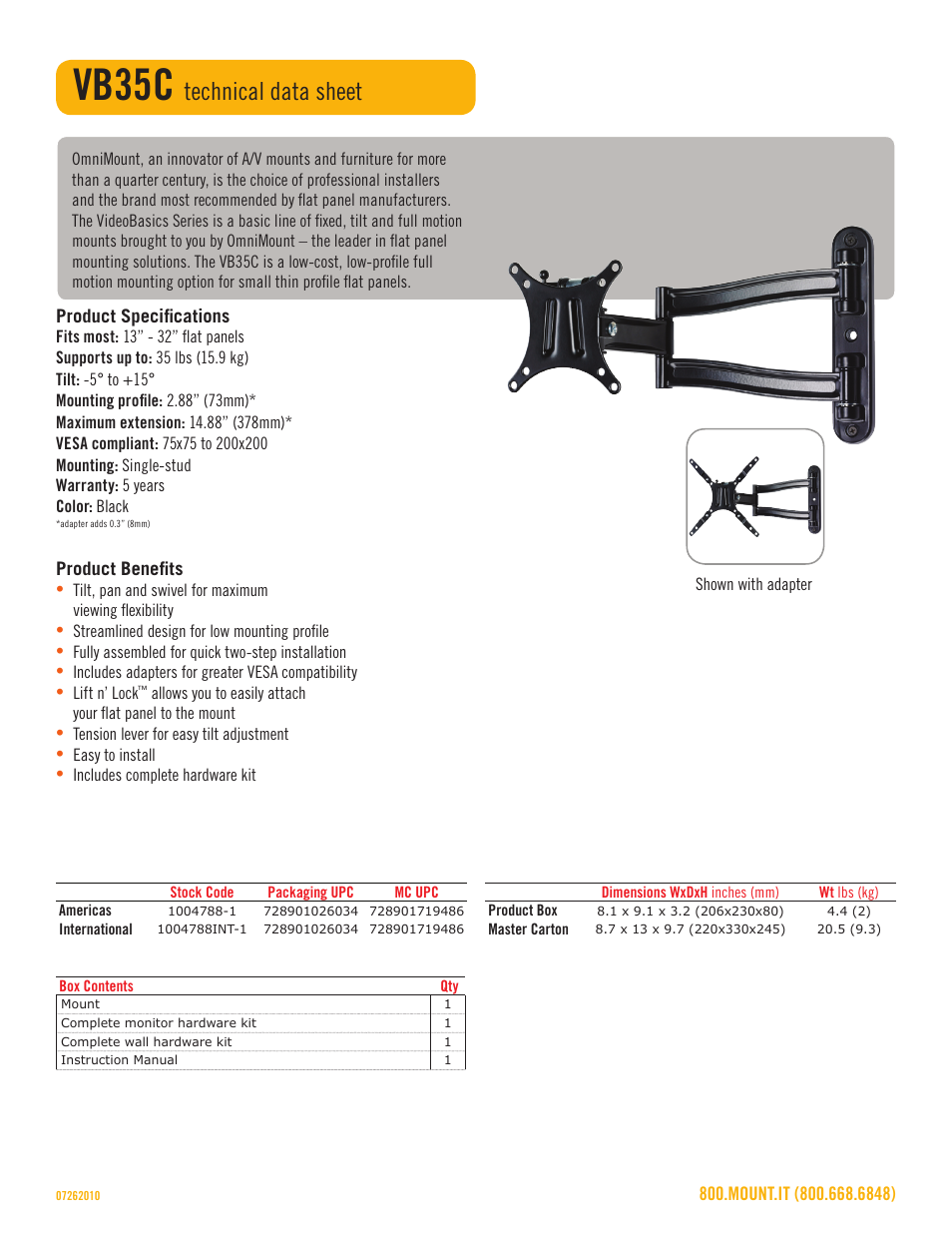 Vb35c, Technical data sheet | Omnimount VB35C Sales Sheet User Manual | Page 2 / 3