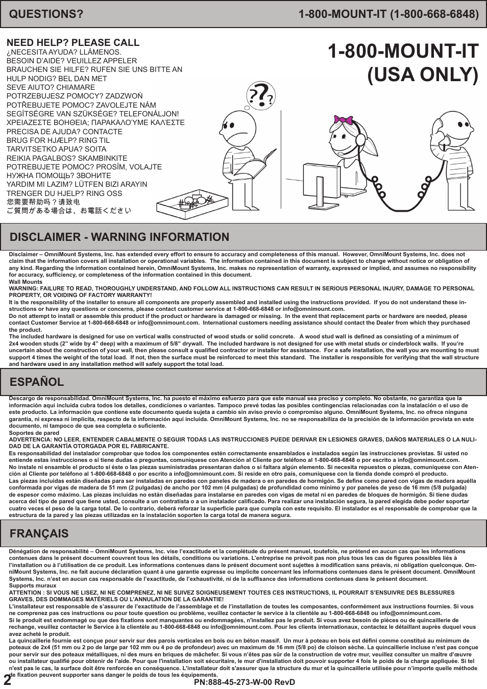 800-mount-it (usa only), Disclaimer - warning information, Español | Français, Need help? please call | Omnimount OS120FM Manual ru User Manual | Page 2 / 24