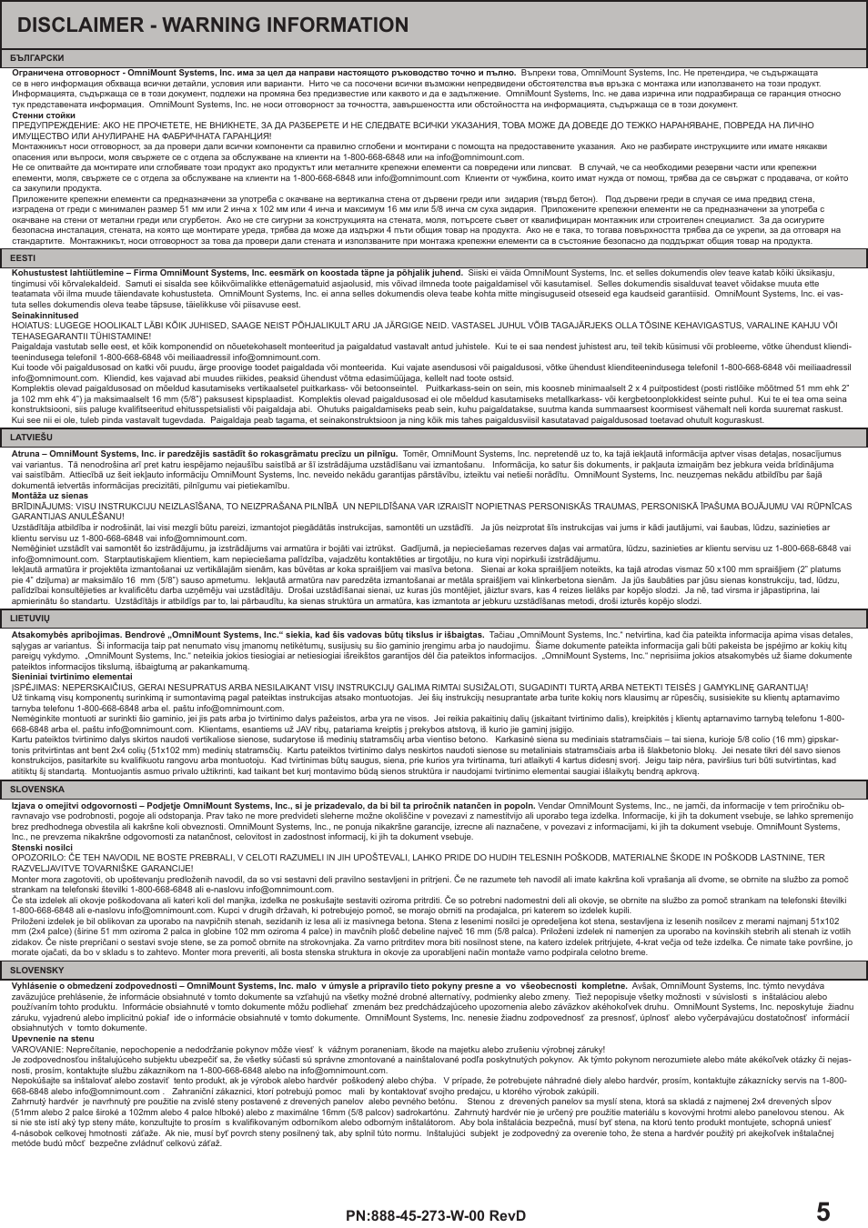 Disclaimer - warning information | Omnimount OS120FM Manual ru User Manual | Page 5 / 24