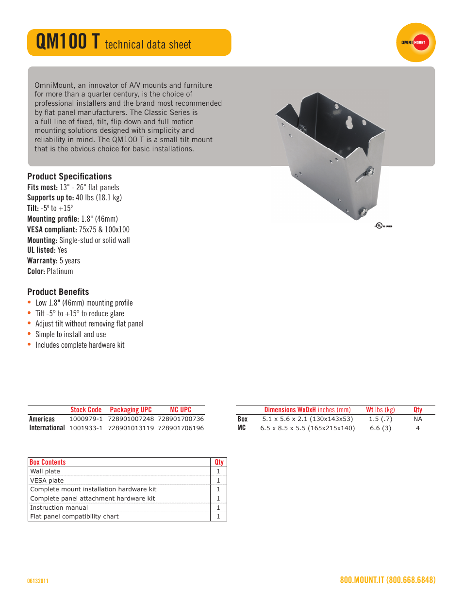 Qm100 t, Technical data sheet | Omnimount QM100-T Sales Sheet User Manual | Page 2 / 3