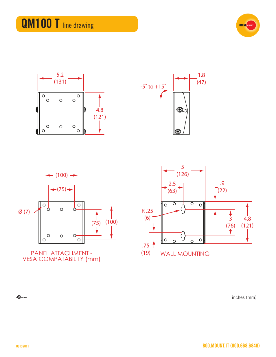 Qm100 t, Line drawing | Omnimount QM100-T Sales Sheet User Manual | Page 3 / 3