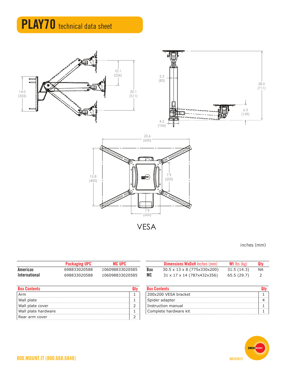 Play70, Vesa, Technical data sheet | Omnimount PLAY70 Sales Sheet User Manual | Page 2 / 2