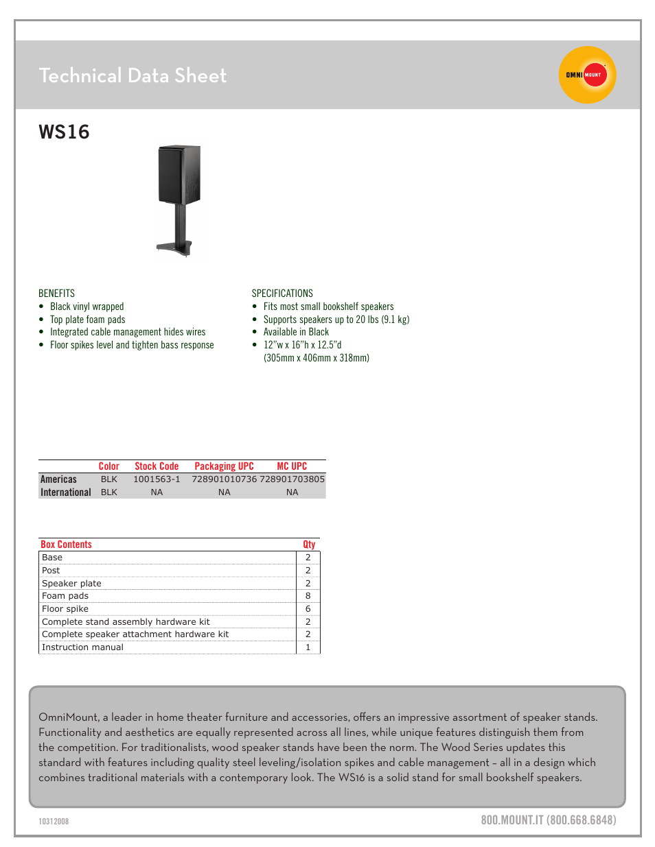 Ws16_technical_data_sheet, Technical data sheet, Ws16 | Omnimount WS16 Sales Sheet User Manual | Page 2 / 3