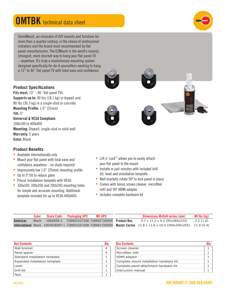 Omtbk, Technical data sheet | Omnimount OMTBK Sales Sheet User Manual | Page 2 / 3