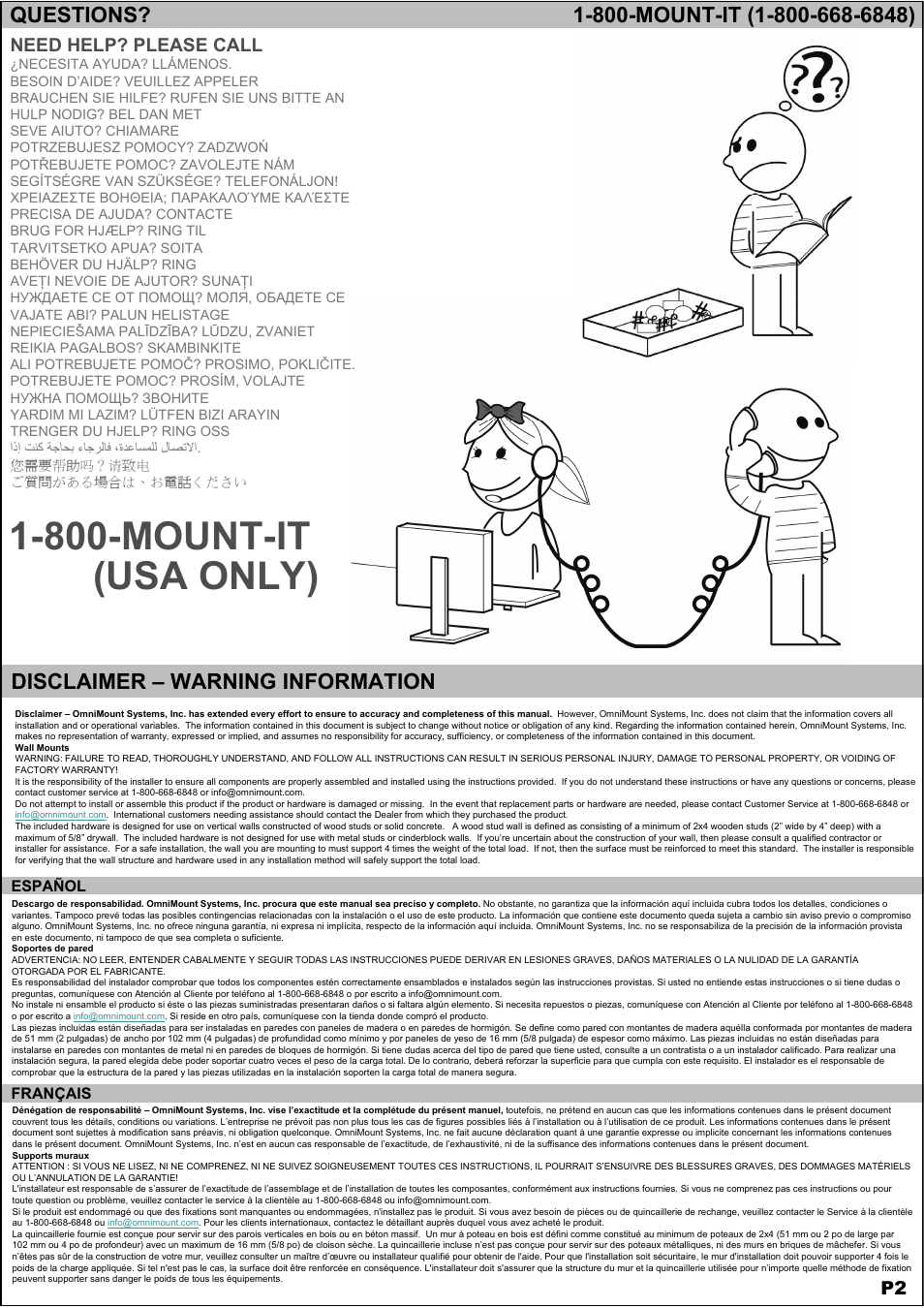 800-mount-it (usa only), Disclaimer – warning information, Need help? please call | Omnimount VB150F Manual ru User Manual | Page 2 / 16