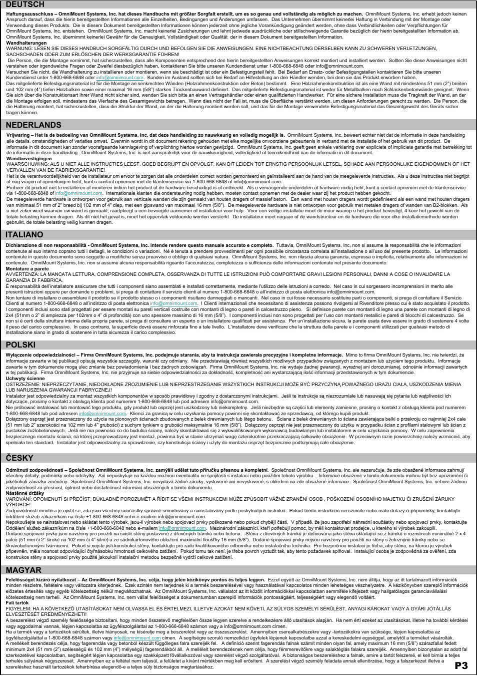 Polski, Česky, Magyar | Deutsch, Nederlands, Italiano | Omnimount VB150F Manual ru User Manual | Page 3 / 16