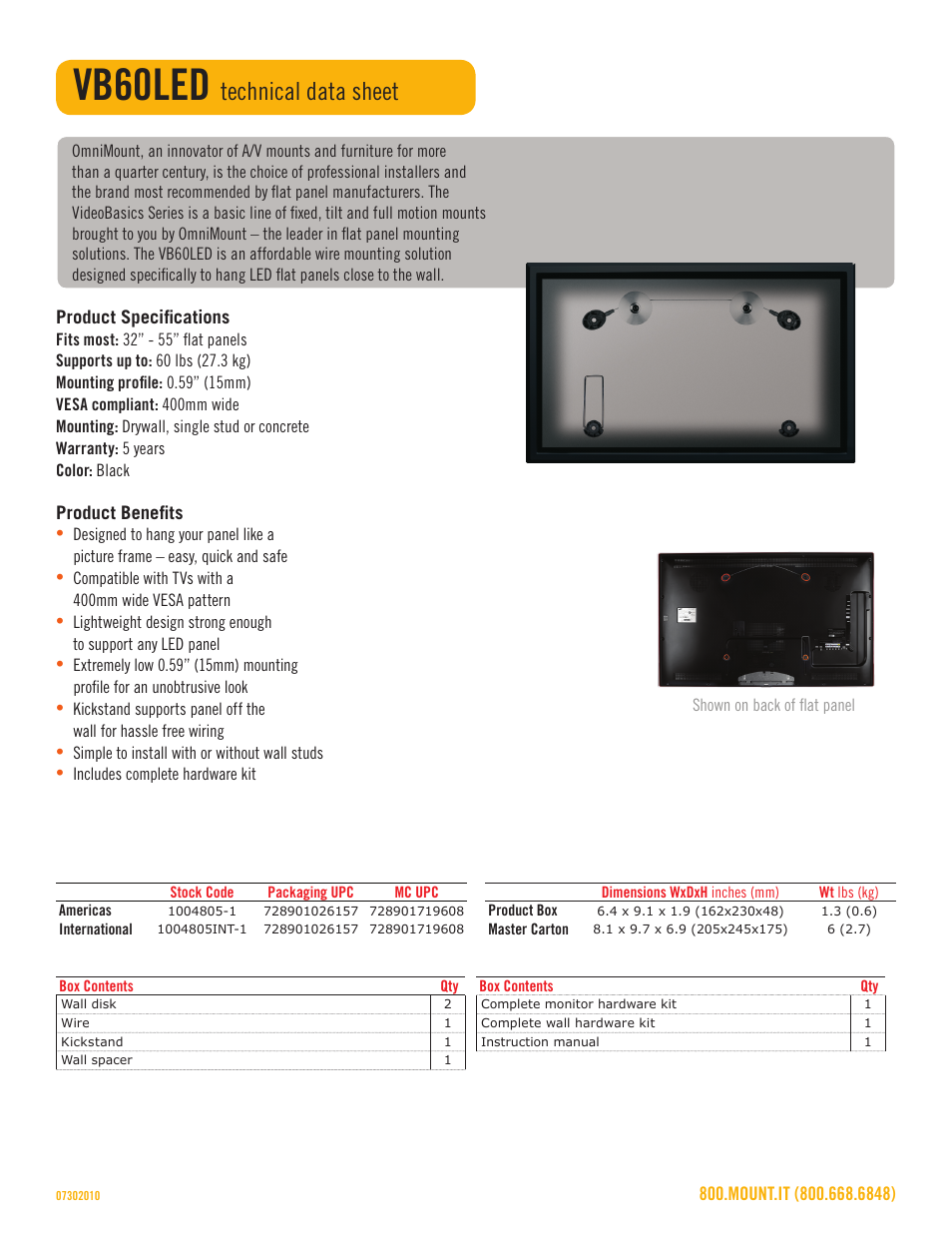 Vb60led, Technical data sheet | Omnimount VB60LED Sales Sheet User Manual | Page 2 / 3