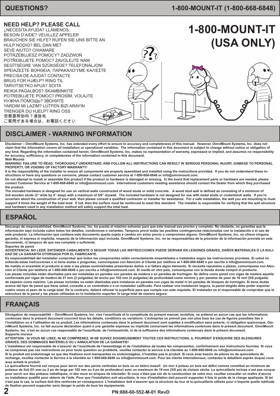 800-mount-it (usa only), Disclaimer - warning information, Español | Français, Need help? please call | Omnimount OS120T Manual ru User Manual | Page 2 / 16