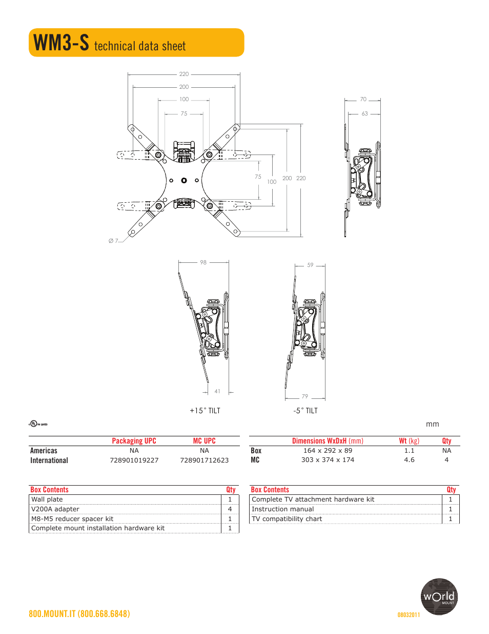 Wm3-s, Technical data sheet | Omnimount WM3-S Sales Sheet User Manual | Page 2 / 2