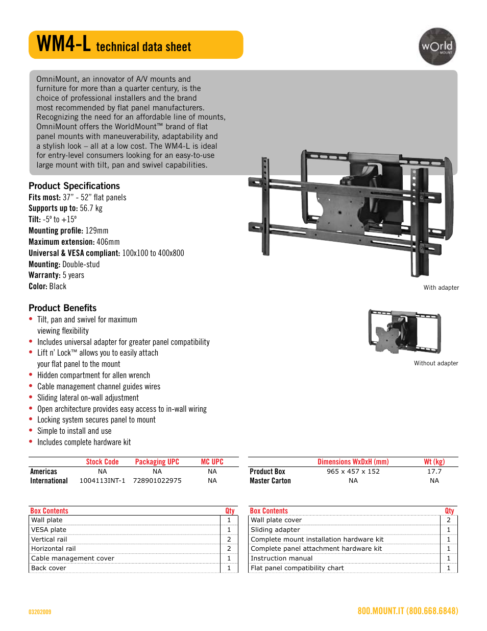 Wm4-l_technical_data_sheet.pdf, Wm4-l, Technical data sheet | Omnimount WM4-L Sales Sheet User Manual | Page 2 / 3