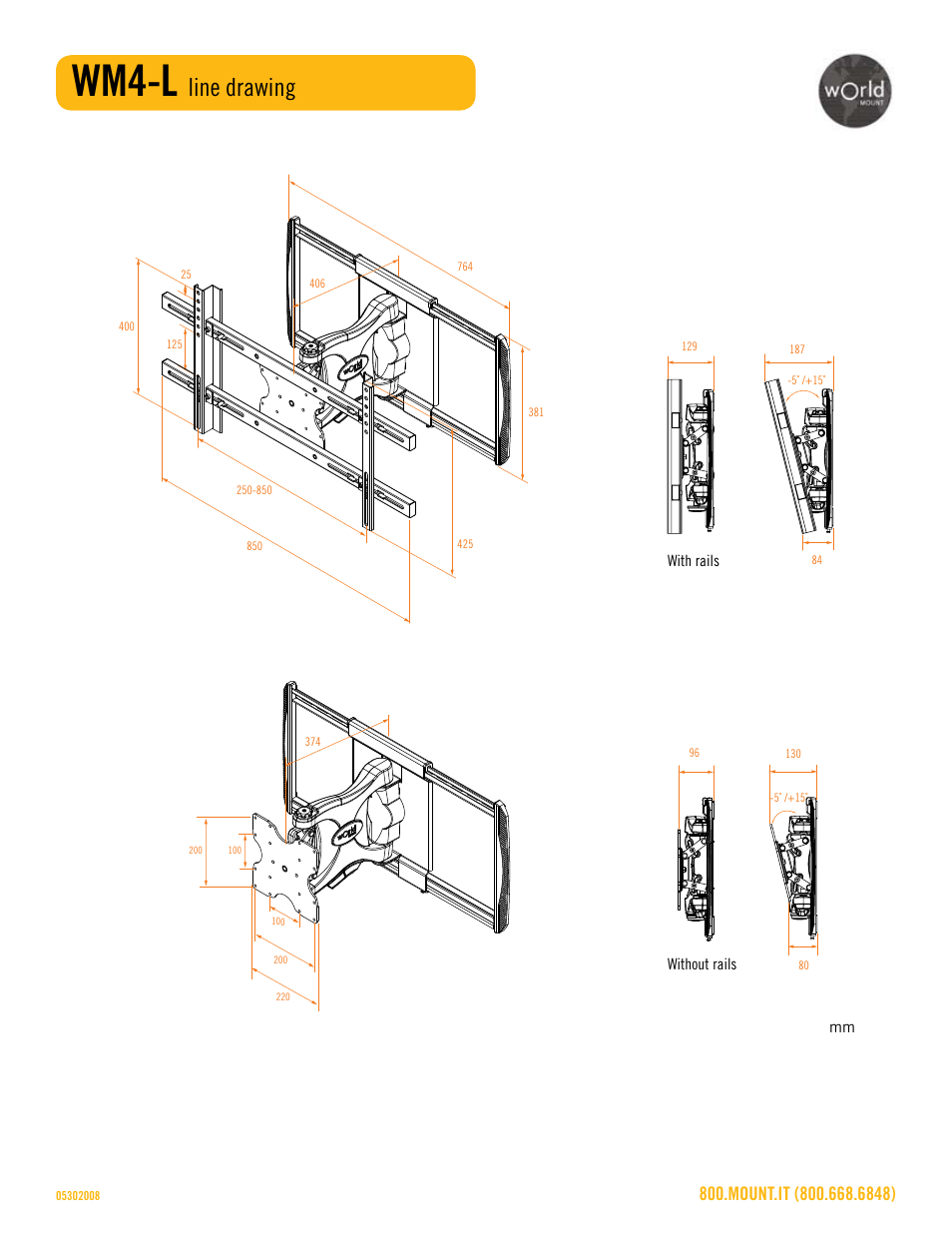 Wm4-l_line_drawing_sheet.pdf, Wm4-l, Line drawing | Omnimount WM4-L Sales Sheet User Manual | Page 3 / 3