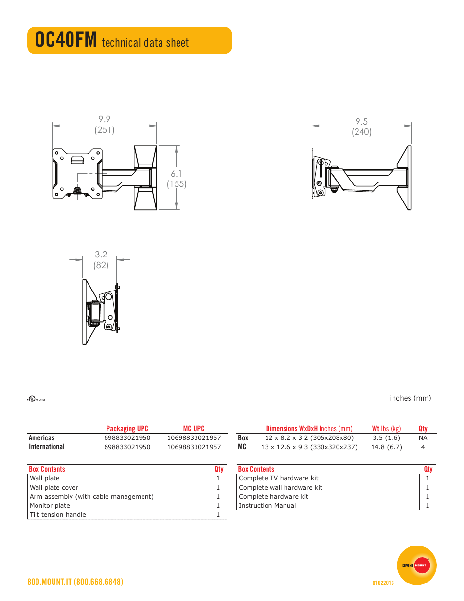 Oc40fm, Technical data sheet | Omnimount OC40FM Sales Sheet User Manual | Page 2 / 2