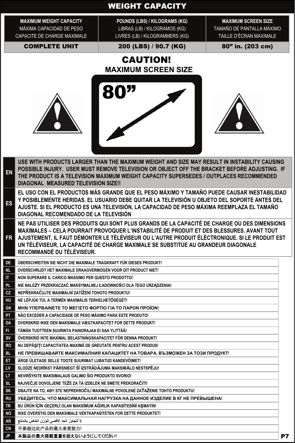 Caution, Weight capacity, Maximum screen size | Omnimount NC200F Manual ru User Manual | Page 7 / 20