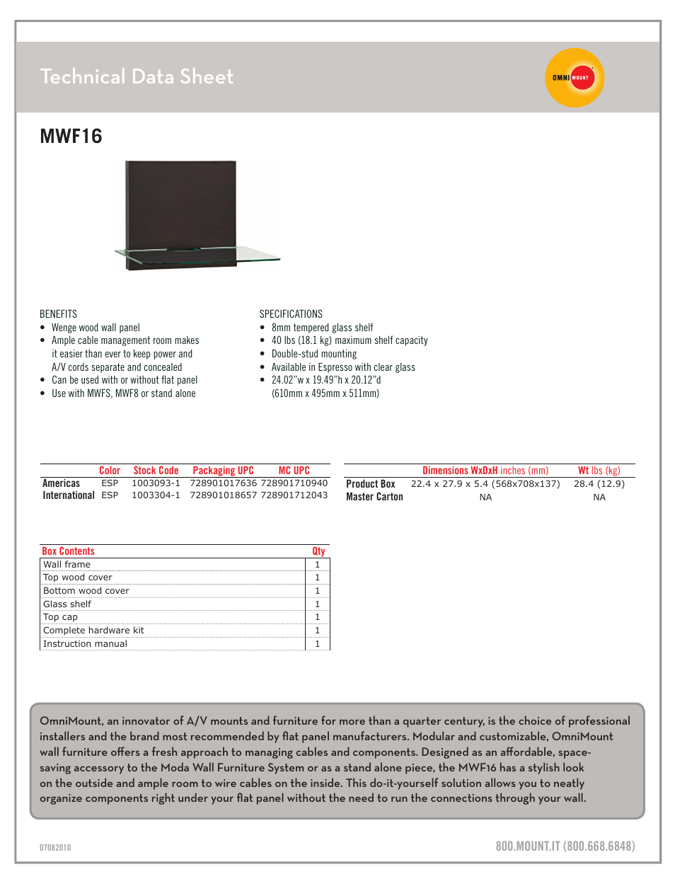 Technical data sheet, Mwf16 | Omnimount MWF16 Sales Sheet User Manual | Page 2 / 3