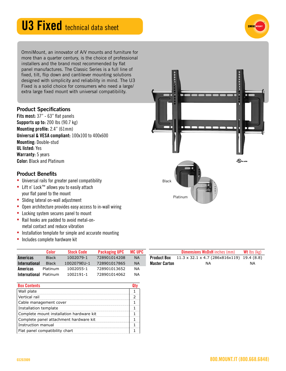 U3_fixed_technical_data_sheet.pdf, U3 fixed, Technical data sheet | Omnimount U3 Fixed Sales Sheet User Manual | Page 2 / 3