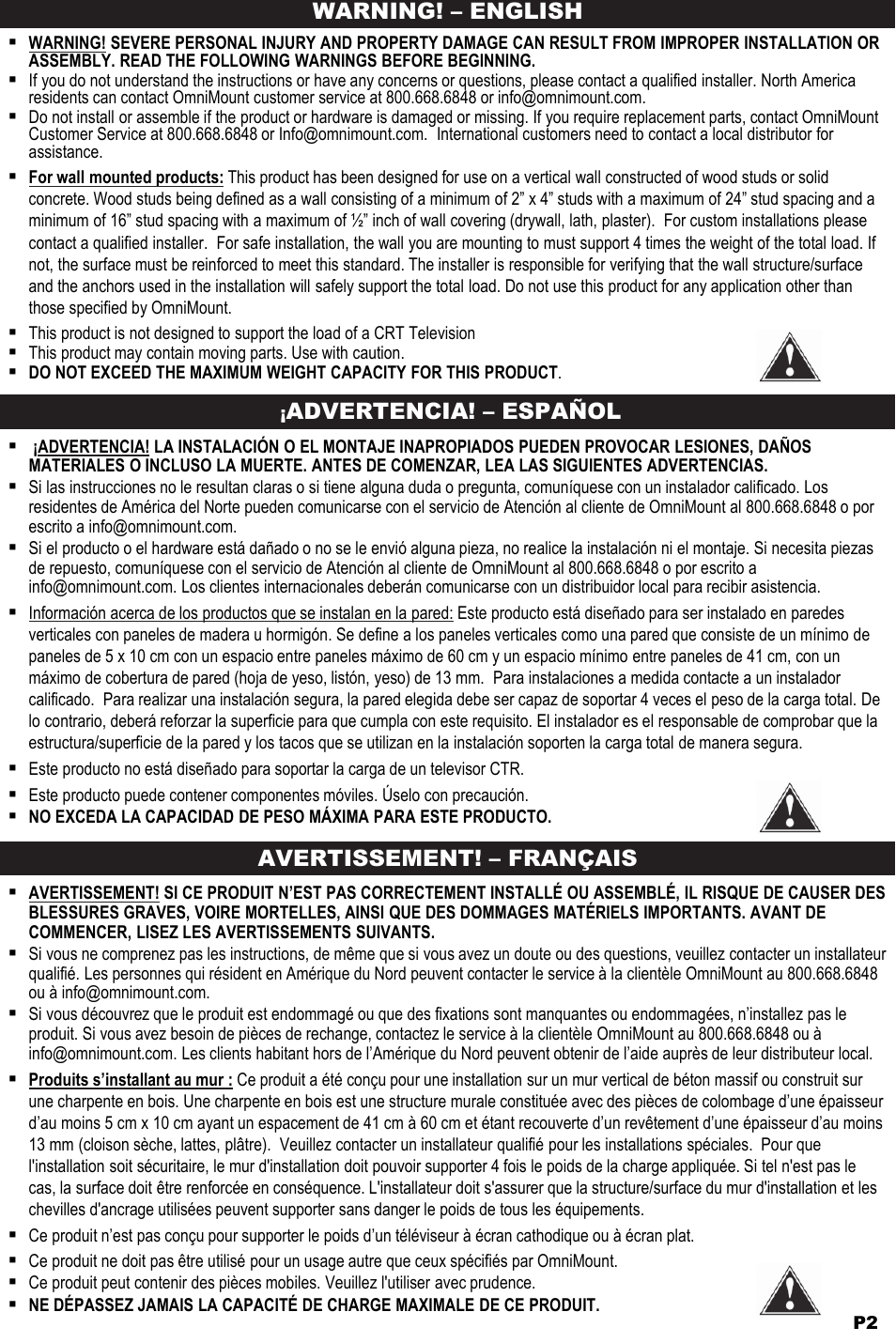 Warning! – english, Advertencia! – español avertissement! – français | Omnimount ULPC-X Manual ru User Manual | Page 2 / 36