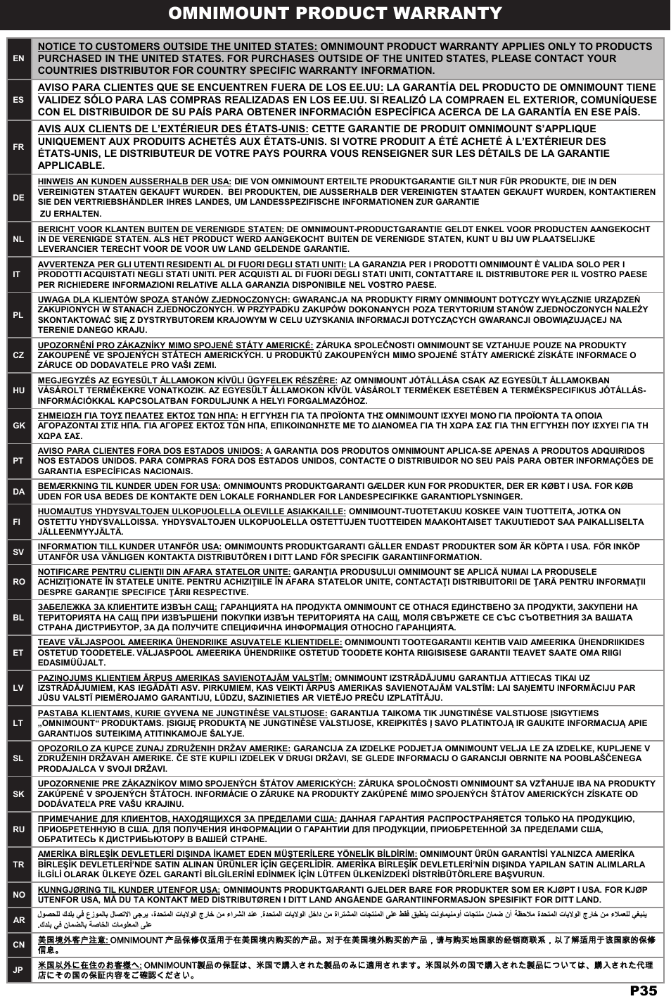 Omnimount product warranty | Omnimount ULPC-X Manual ru User Manual | Page 35 / 36