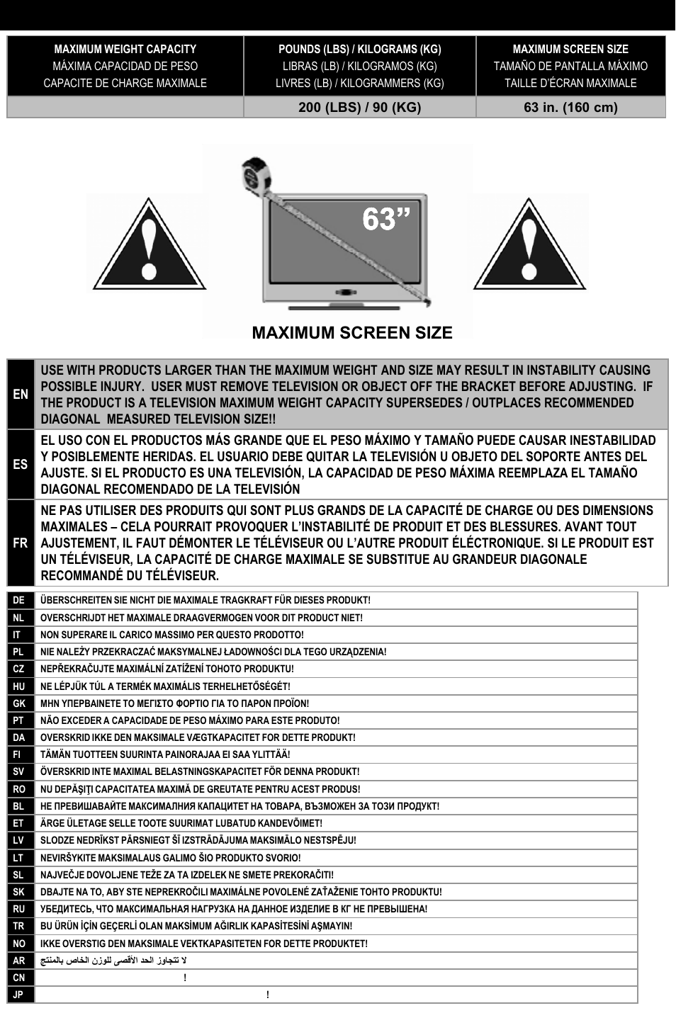 Caution, Weight capacity, Maximum screen size | Omnimount U3-Tilt Manual ru User Manual | Page 7 / 28