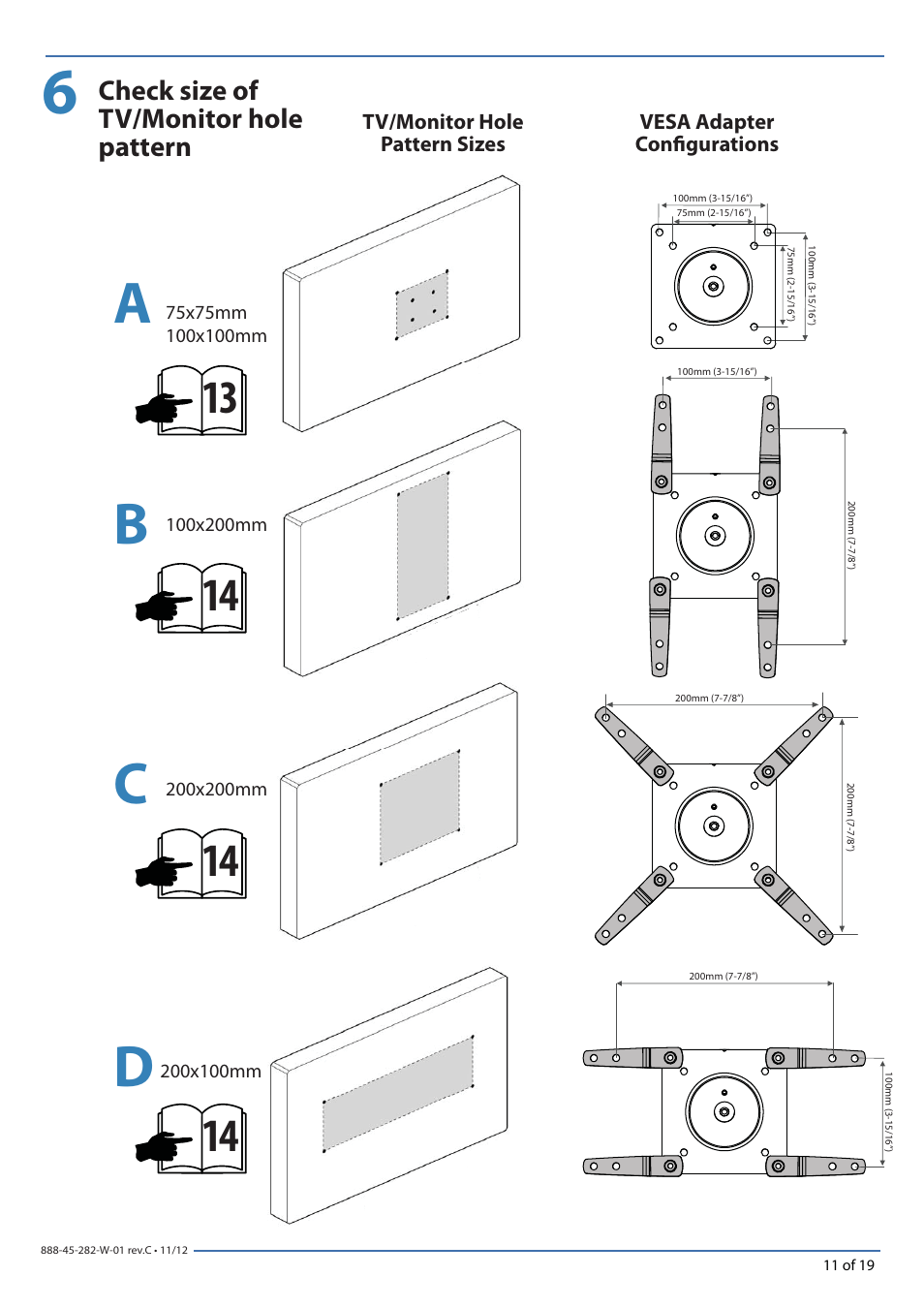 Ab c d, Check size of tv/monitor hole pattern | Omnimount PLAY25X Manual de User Manual | Page 11 / 19