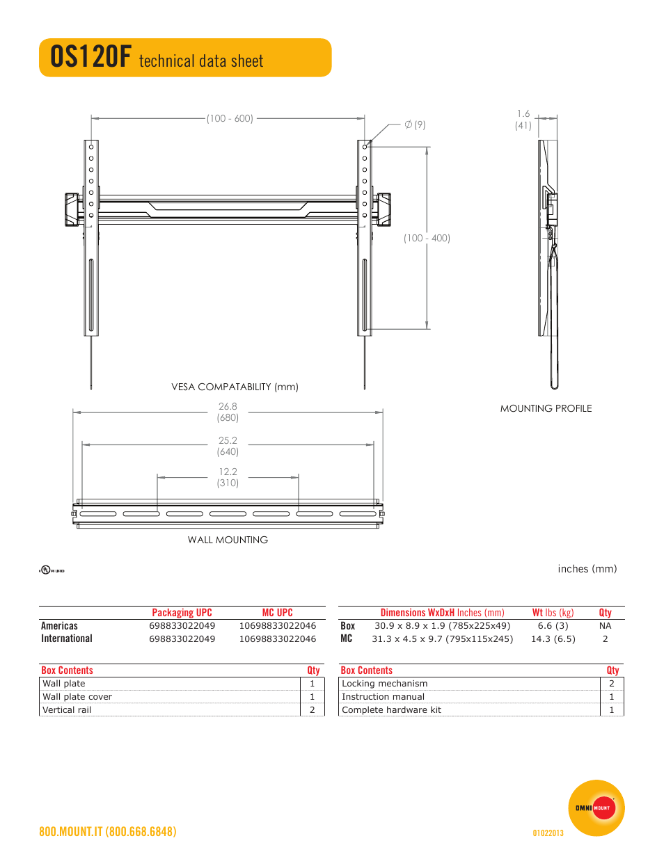 Os120f, Technical data sheet | Omnimount OS120F Sales Sheet User Manual | Page 2 / 2