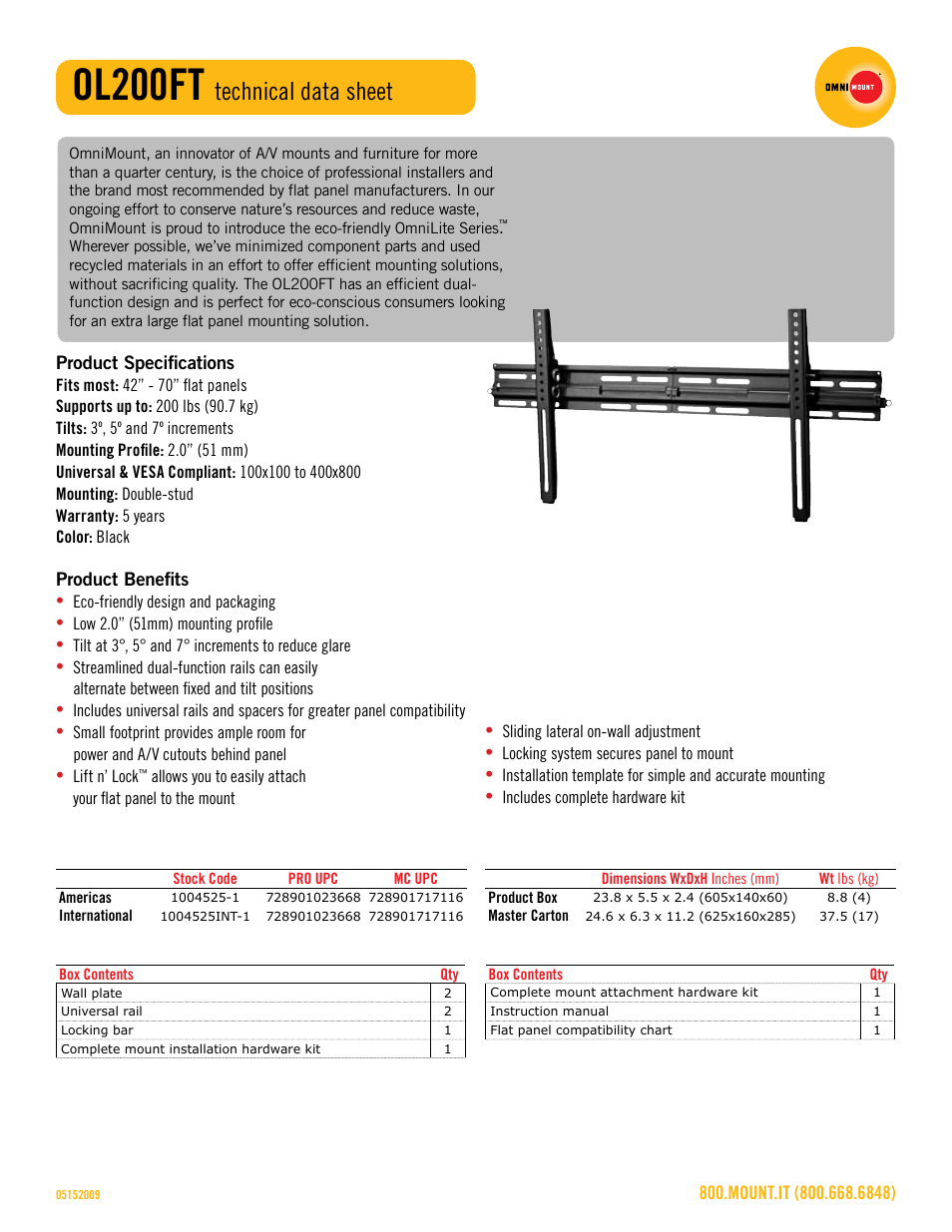 Ol200ft_technical_data_sheet, Ol200ft, Technical data sheet | Omnimount OL200FT Sales Sheet User Manual | Page 2 / 3