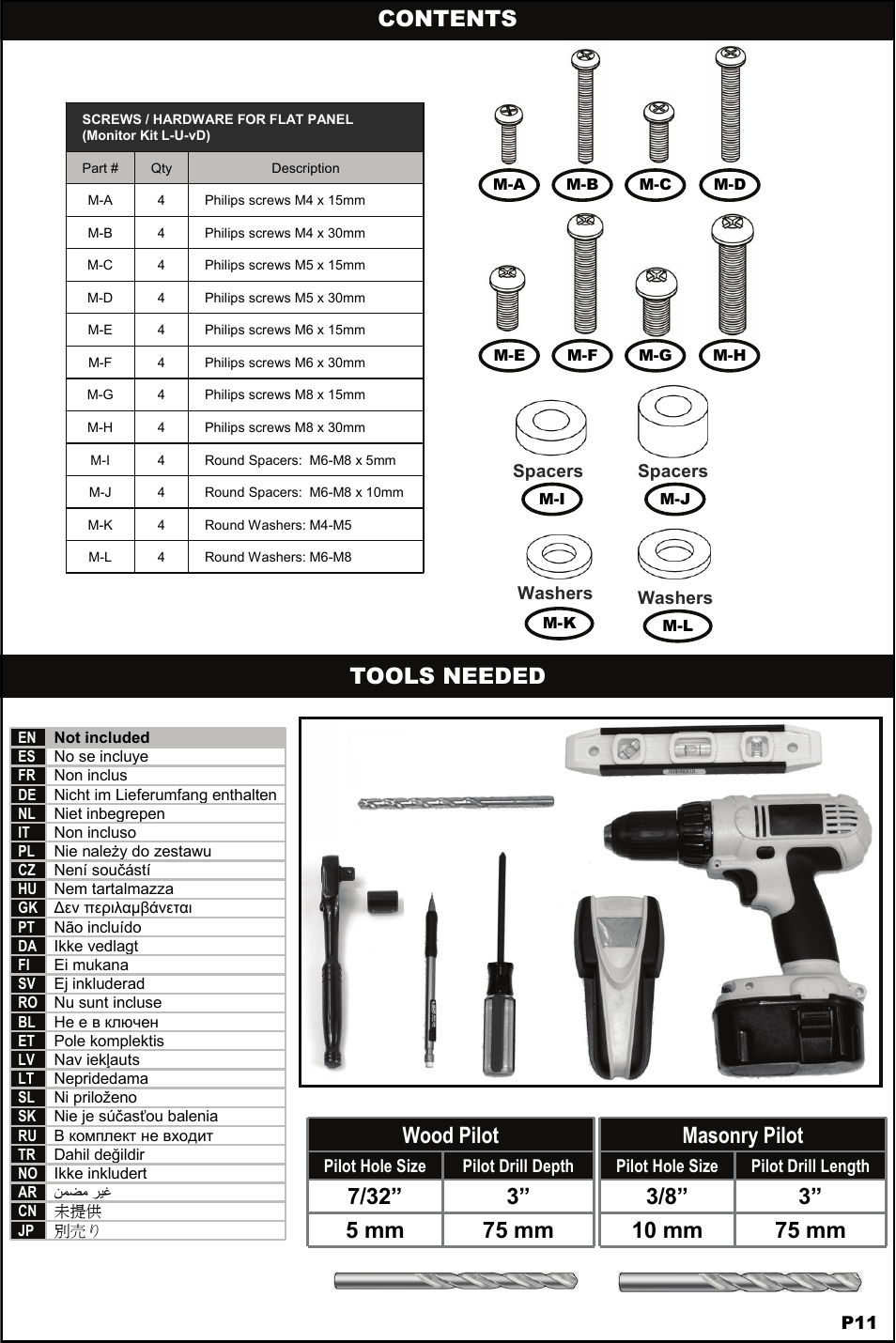 Contents tools needed masonry pilot | Omnimount 2N1-M Manual ru User Manual | Page 11 / 28