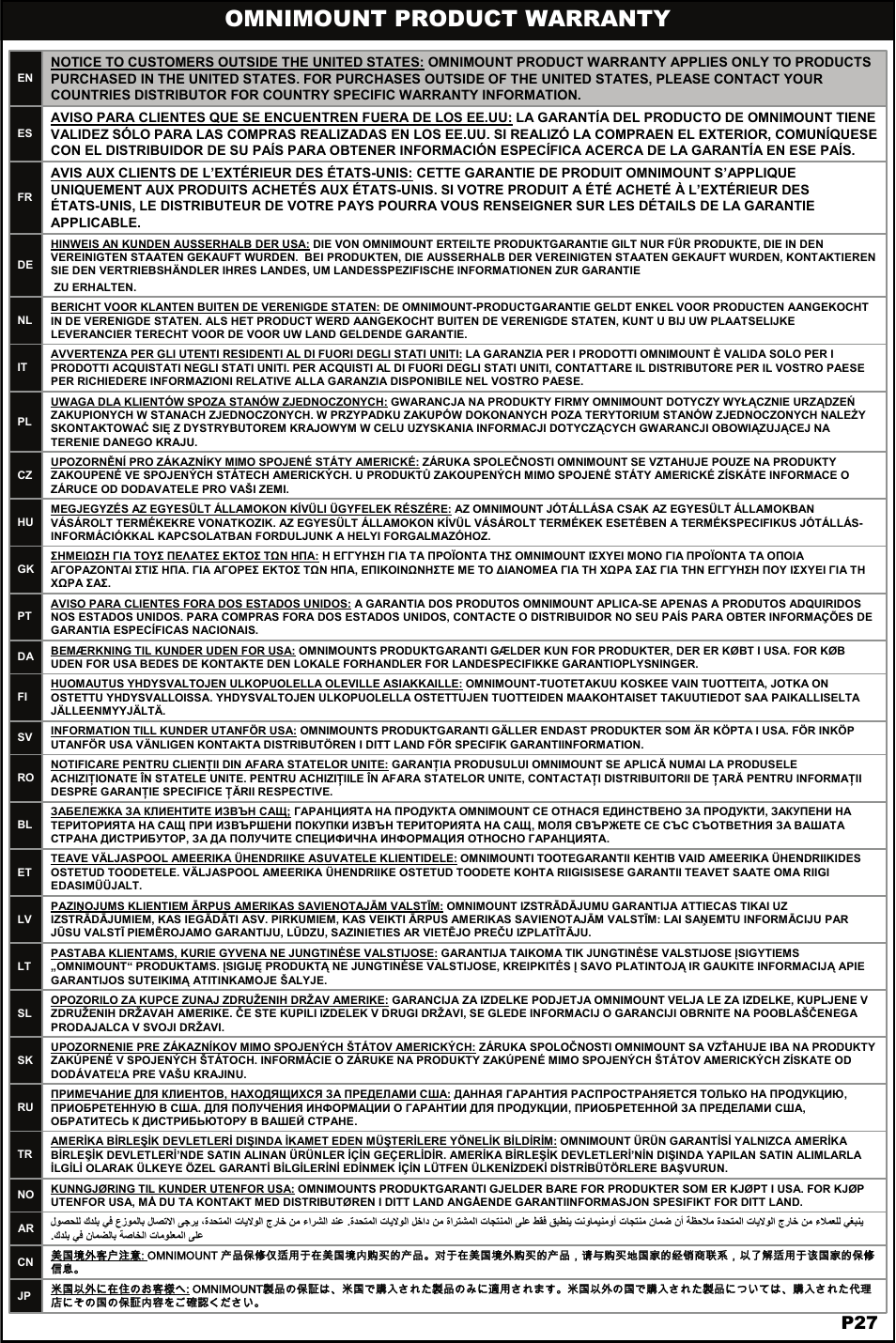 Omnimount product warranty | Omnimount 2N1-M Manual ru User Manual | Page 27 / 28
