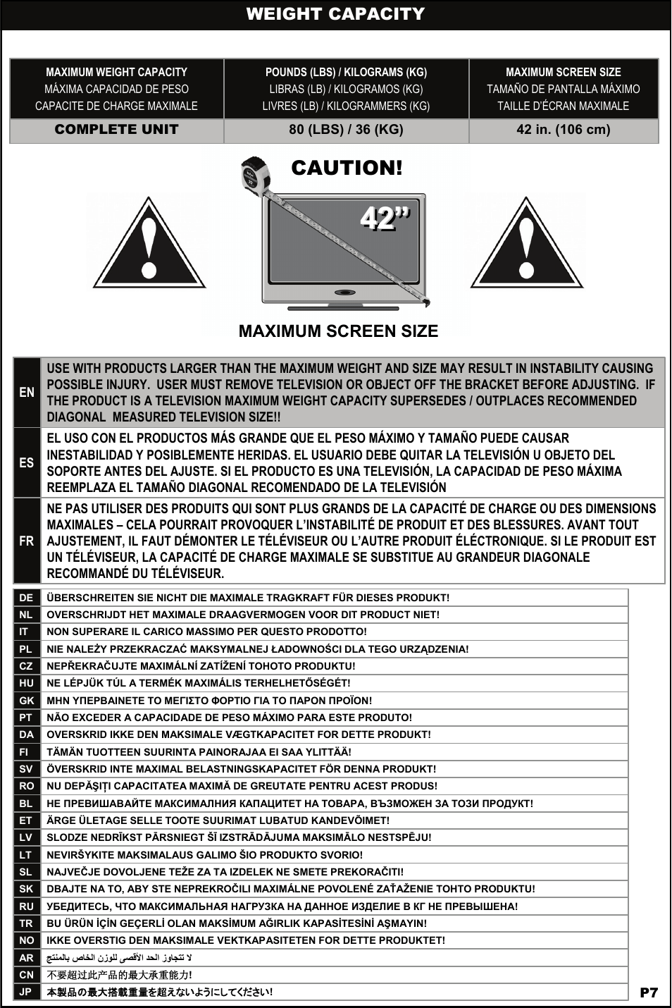 Caution, Weight capacity, Maximum screen size | Omnimount 2N1-M Manual ru User Manual | Page 7 / 28