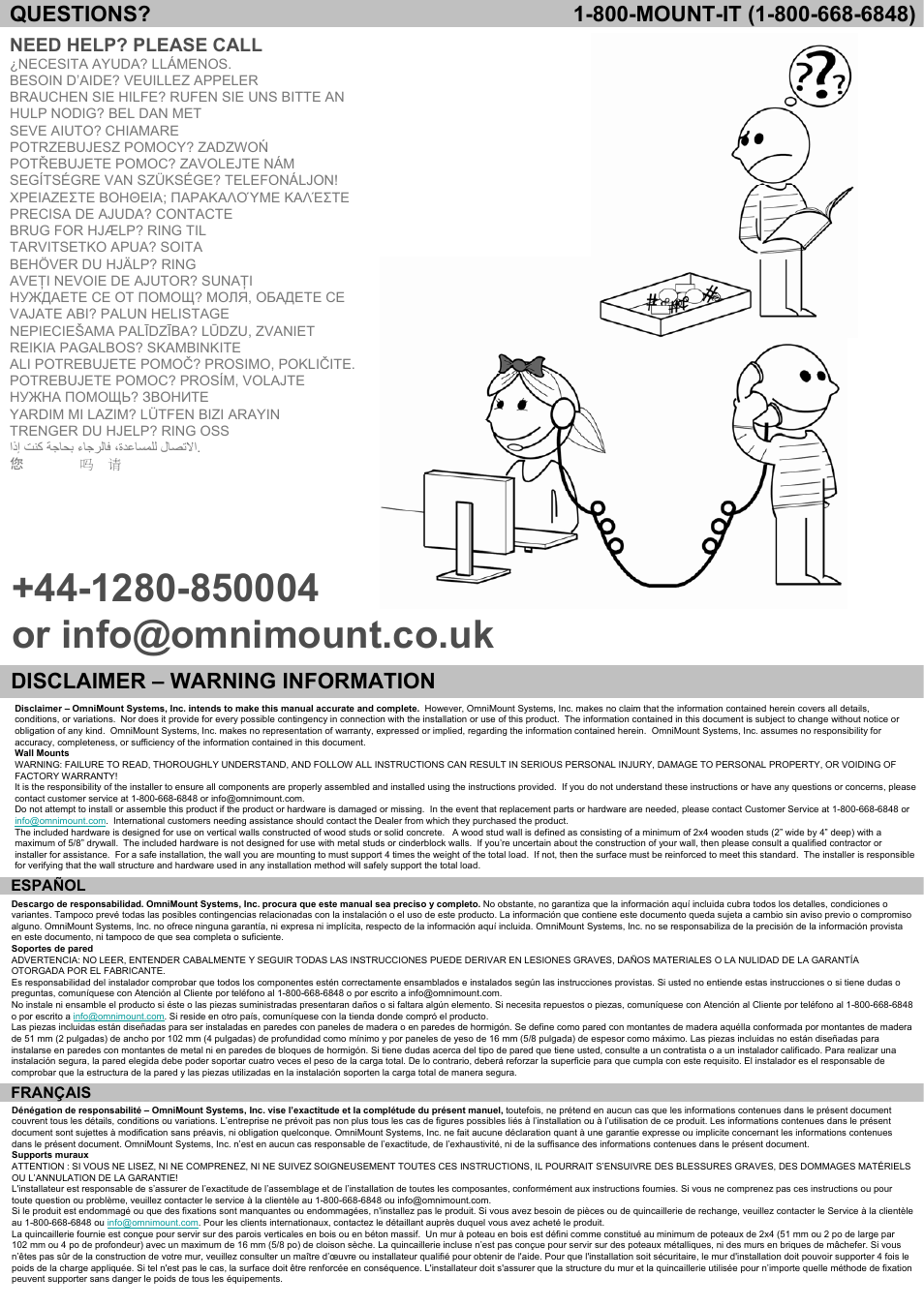 Disclaimer – warning information, Need help? please call | Omnimount OMTBK (Solid Wall) ru User Manual | Page 2 / 24